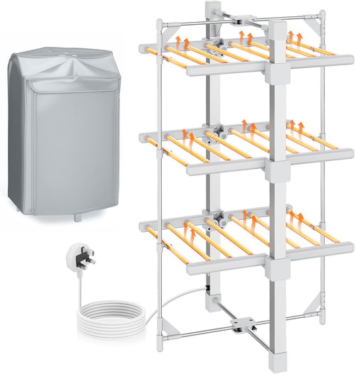 3 Tier Heated Clothes Airer Electric Dryer 24 Heated Bars With Cover