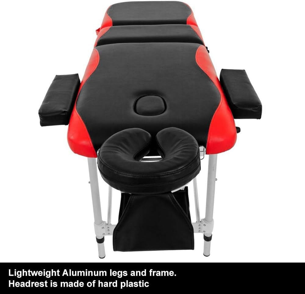 Portable 3-Section Massage Table Aluminium Beauty Tattoo Spa Bed w/ Bag Red