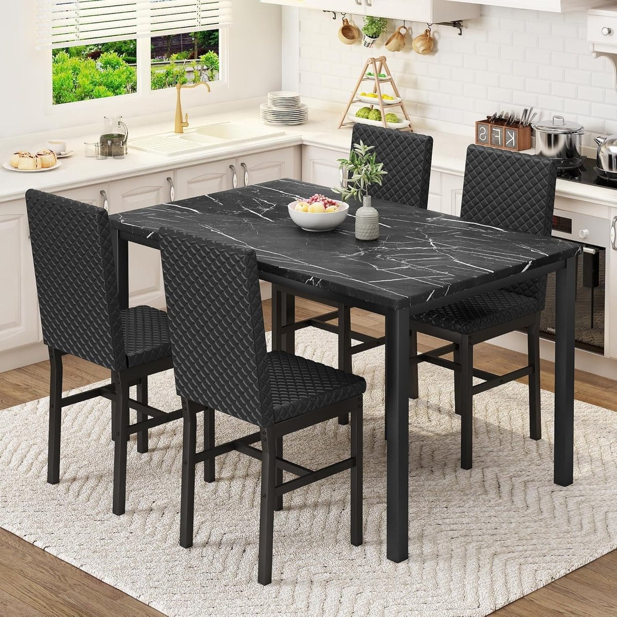 5-Piece Dining Table & 4 Chairs, Faux Marble Top, Modern Kitchen Set, Black