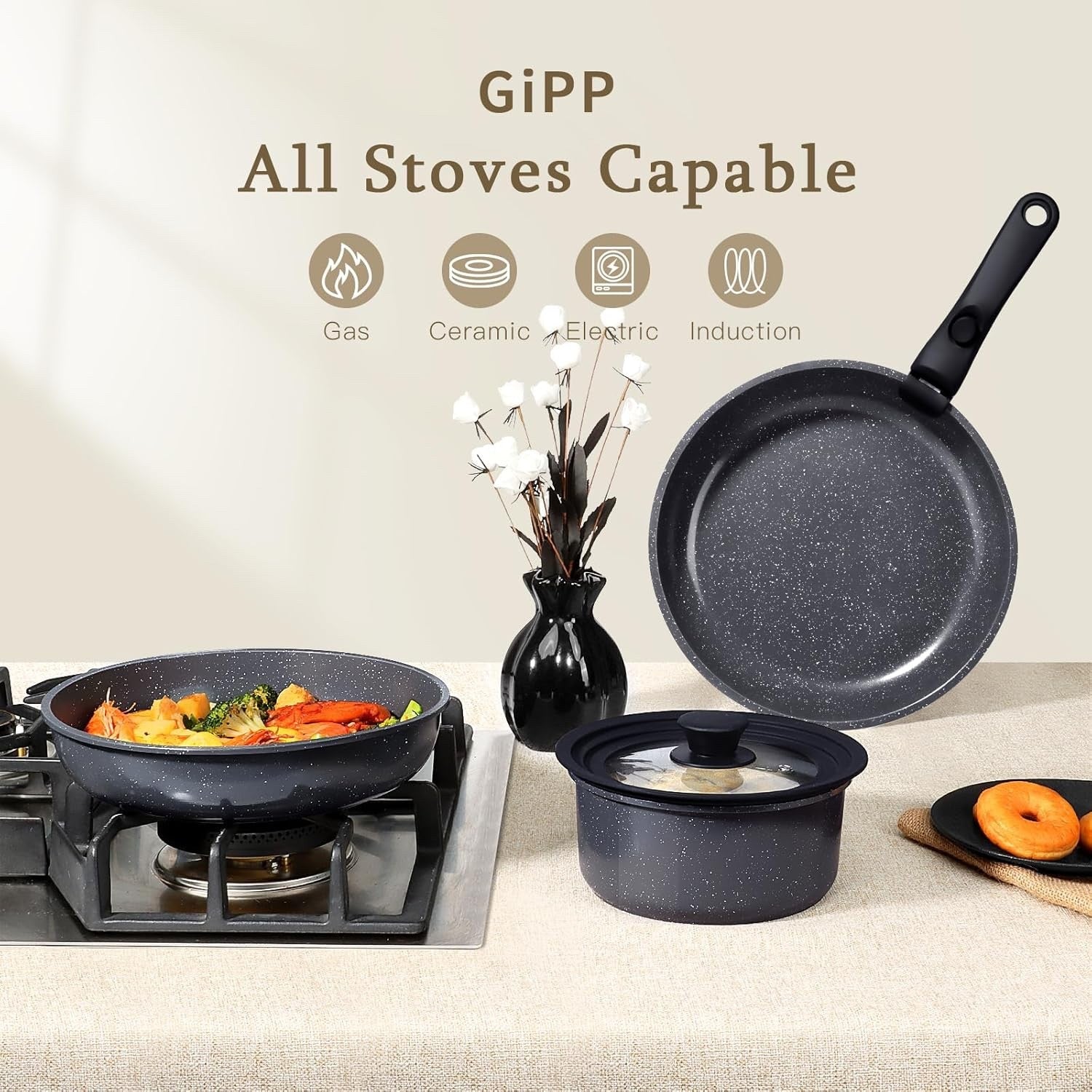 8pcs Grey Plus Ceramic Non Stick Induction Cookware Set with Detachable Handle