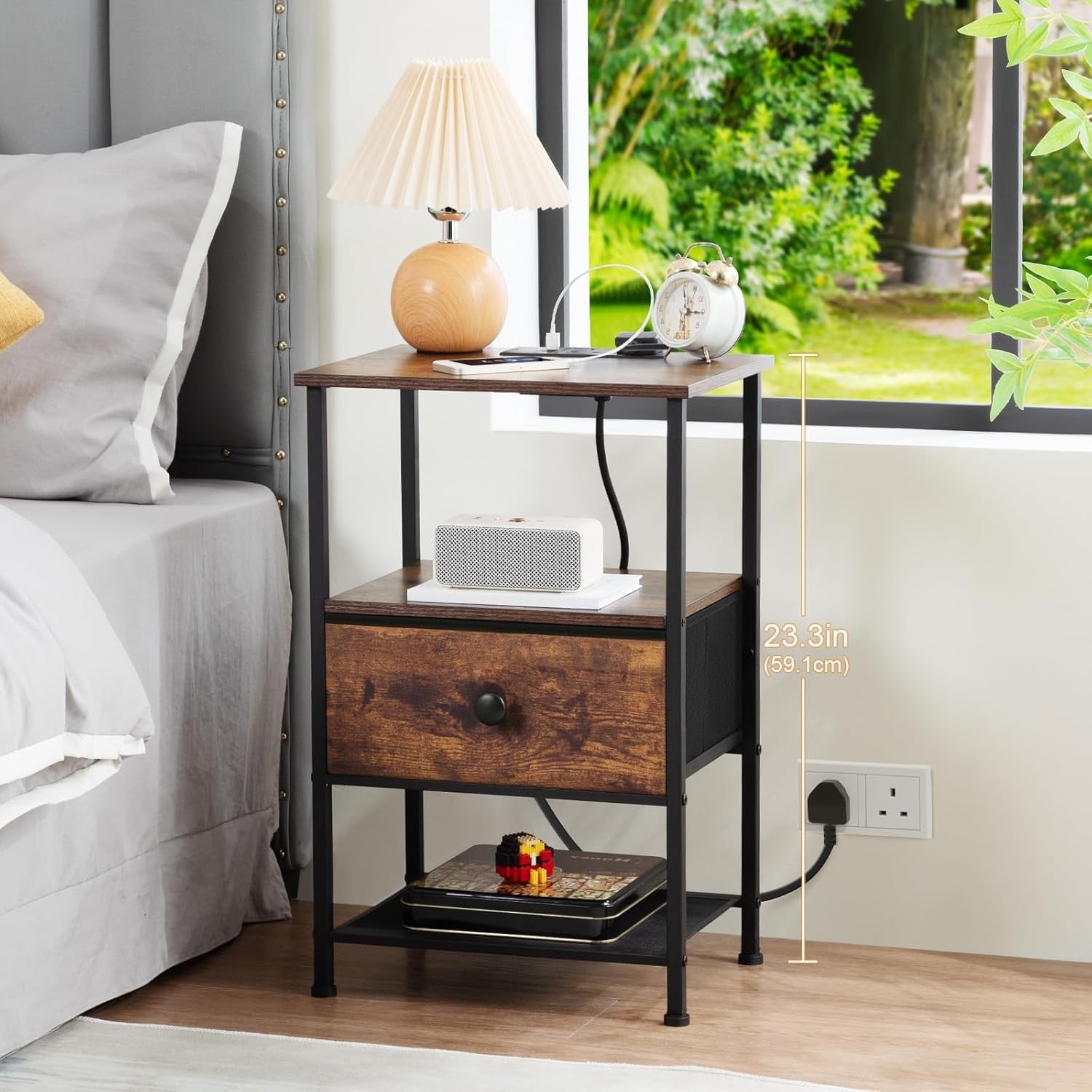 Set of 2 Bedside Tables with Charging Station, Fabric Drawer & Storage Shelf Bro