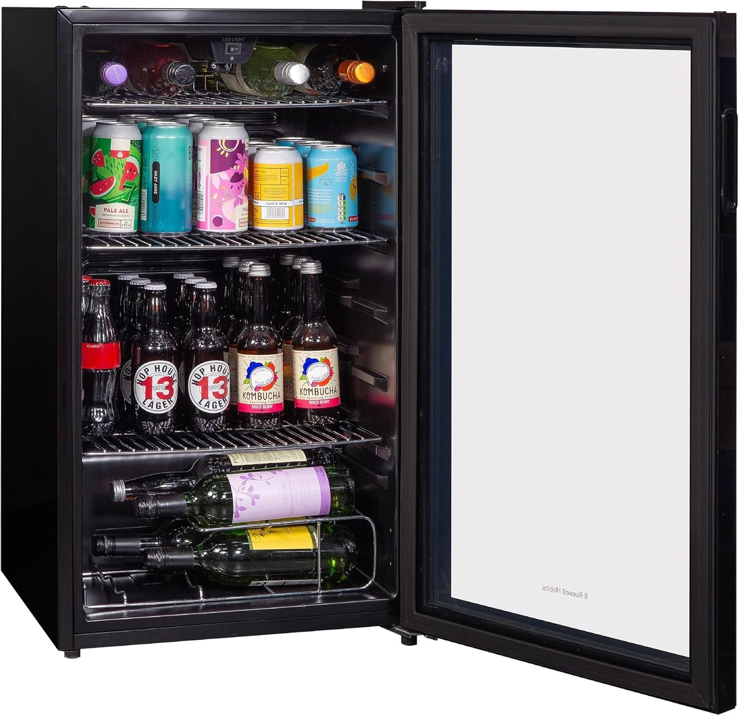 Under Counter Drinks Fridge Glass Door LED Beverage Cooler 93L 48 Can Black