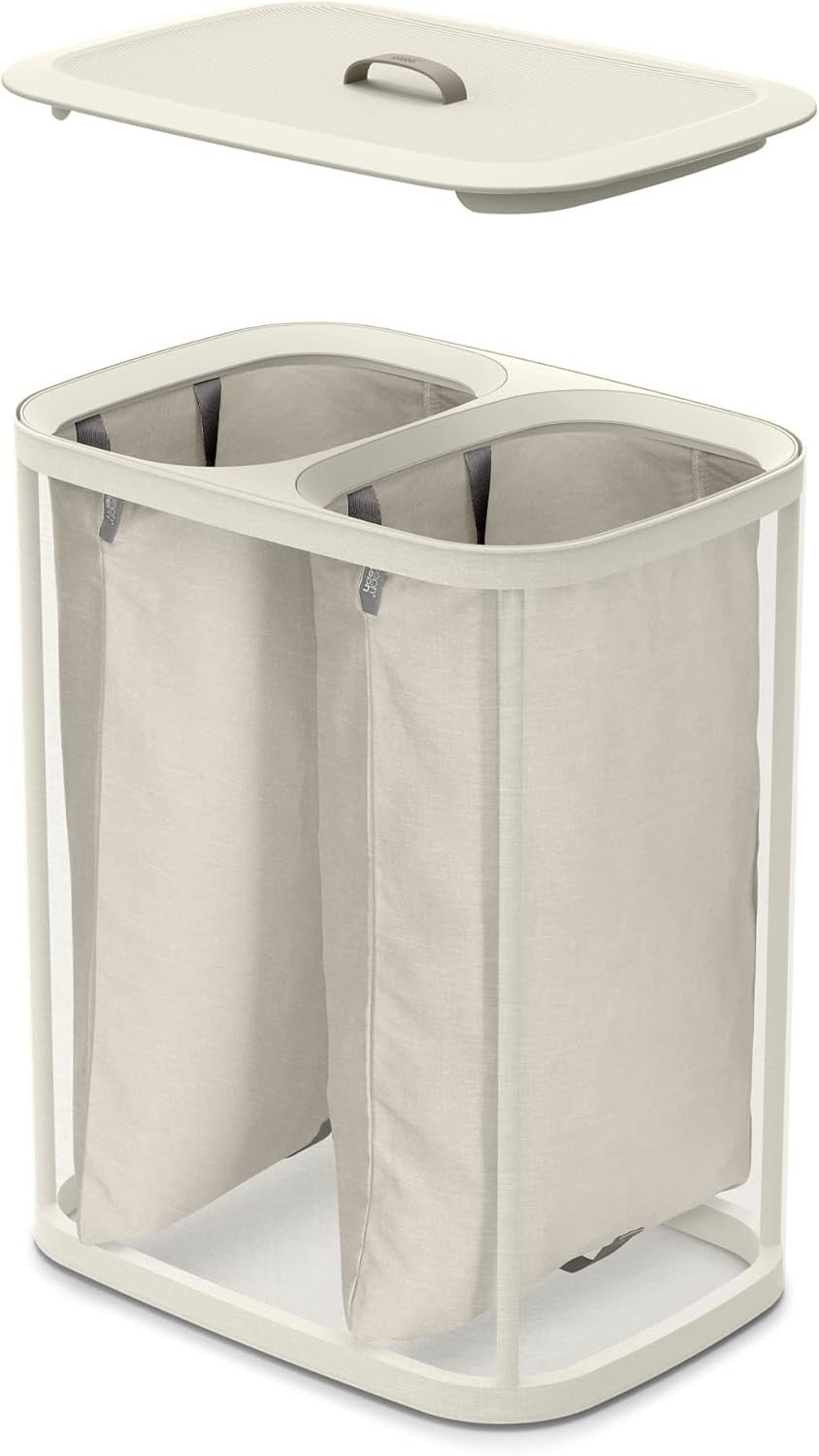 90L Dual Laundry Basket with Lid Removable Washing Bags Modern Ecru Fabric