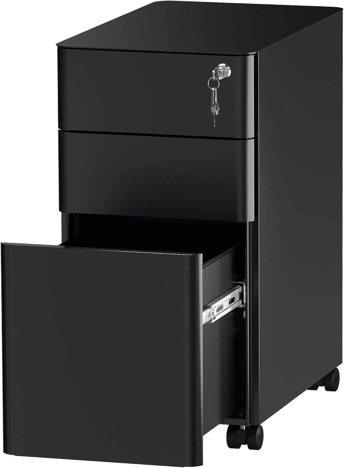 3 Drawer Mobile Filing Cabinet Lockable Steel A4 Letter Under Desk Black
