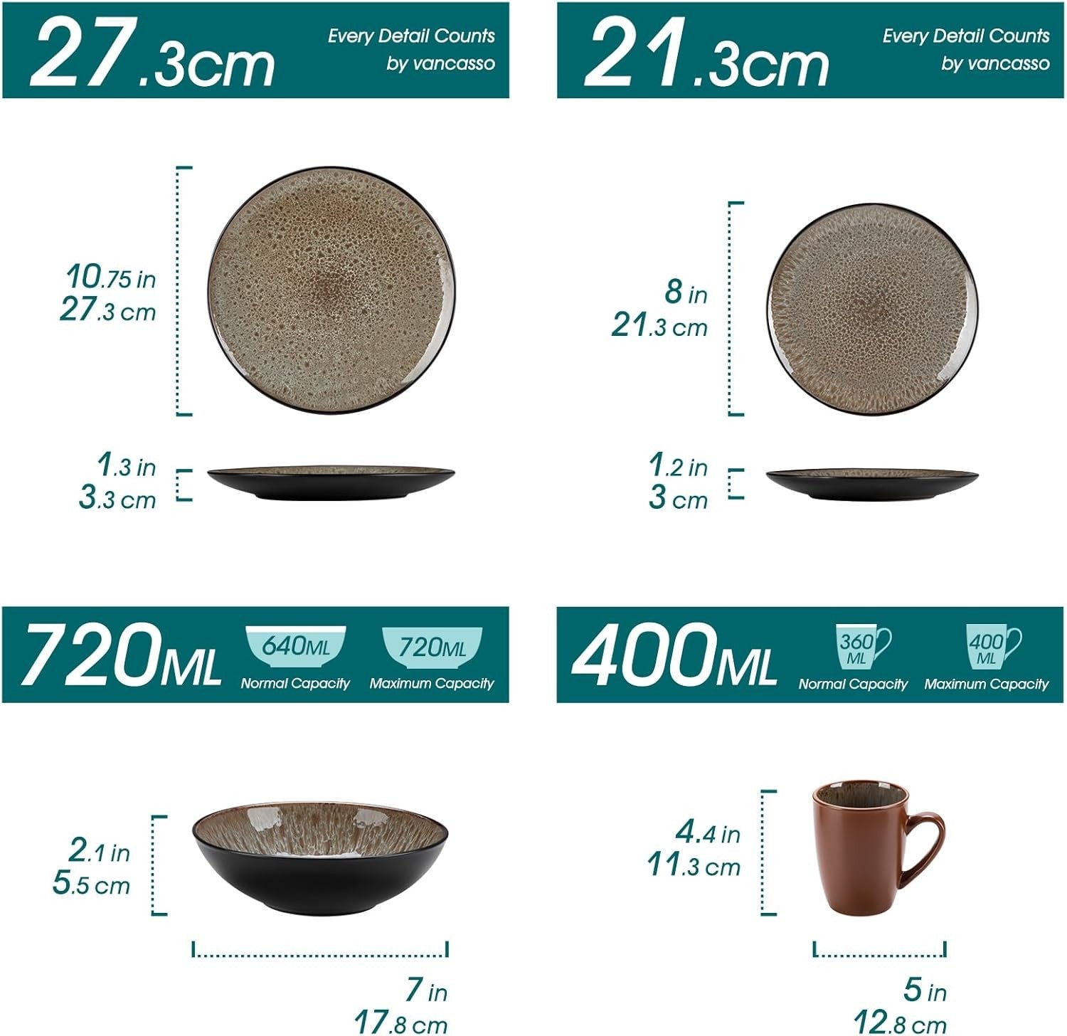 16pc Reactive Glaze Dinnerware Set Brown Plates Bowls Mugs Stoneware