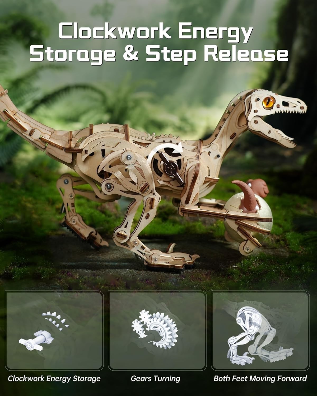 3D Wooden Dinosaur Puzzle Kit Walking Velociraptor STEM Model Toy DIY