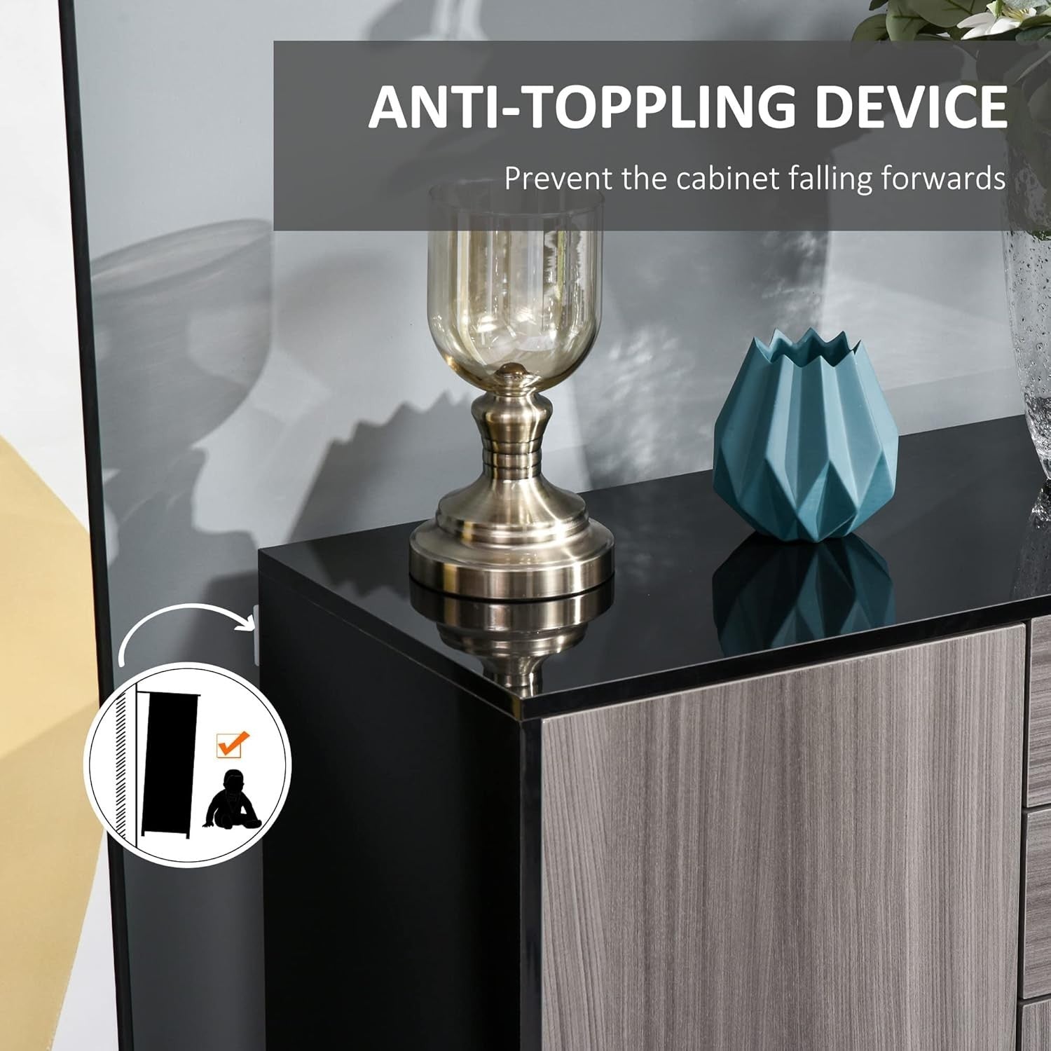 Modern High Gloss Sideboard Cabinet with 2 Drawers & Push-Open Doors Grey