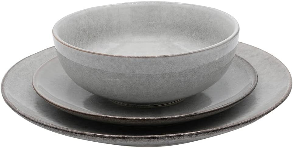 12pc Stoneware Dinner Set Grey Nordic Plates Bowls Microwave Dishwasher Safe