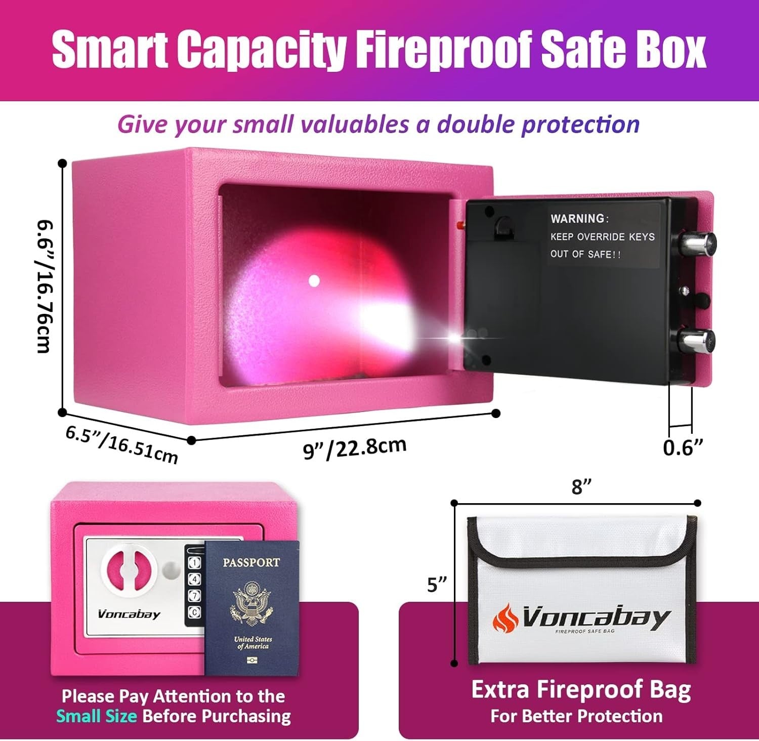 Pink Digital Safe Box Fireproof Bag Security Lock Cash Jewelry Home