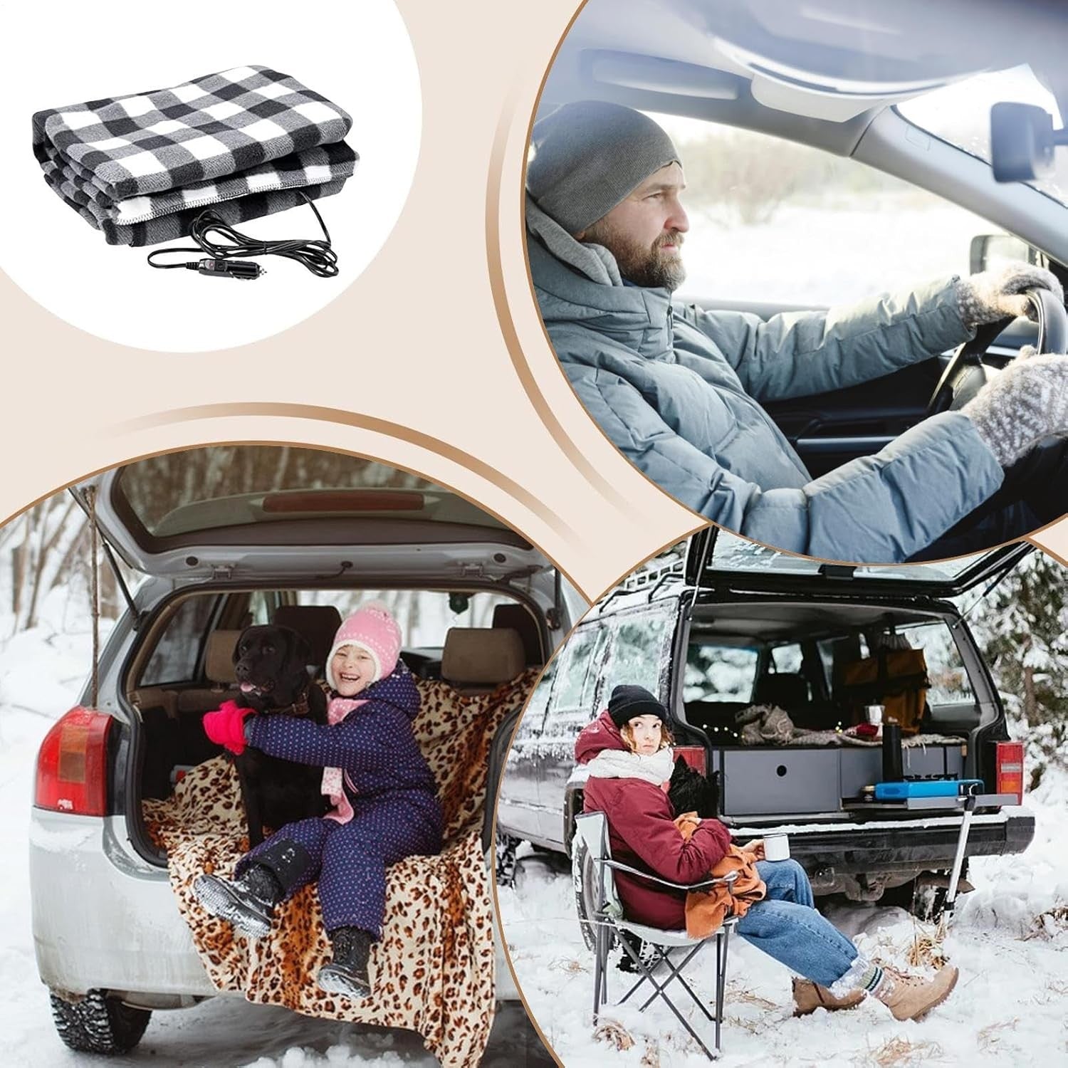 12V Electric Heated Car Black Blanket Throw 3 Heat Levels Travel Camping Warm