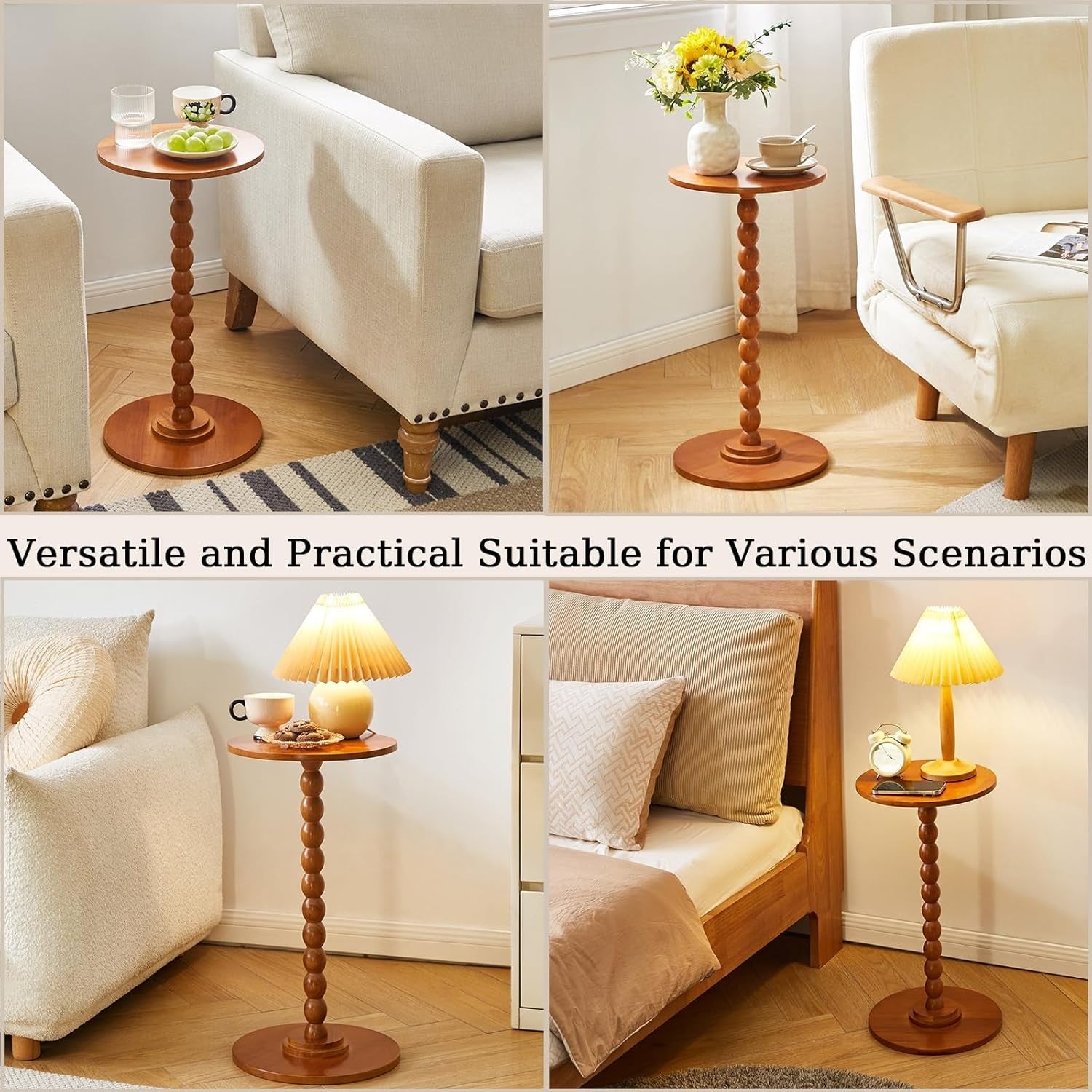 Cherry Wood Round Side Table – Modern Small Accent Table with Solid Wood Base