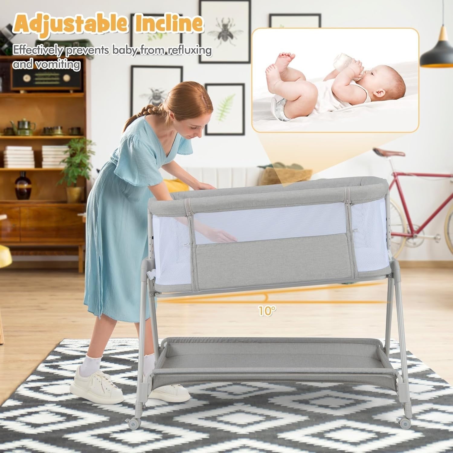 Baby Bedside Crib w/ Mattress 7 Height Adjustable Mesh Sides Storage Shelf Grey
