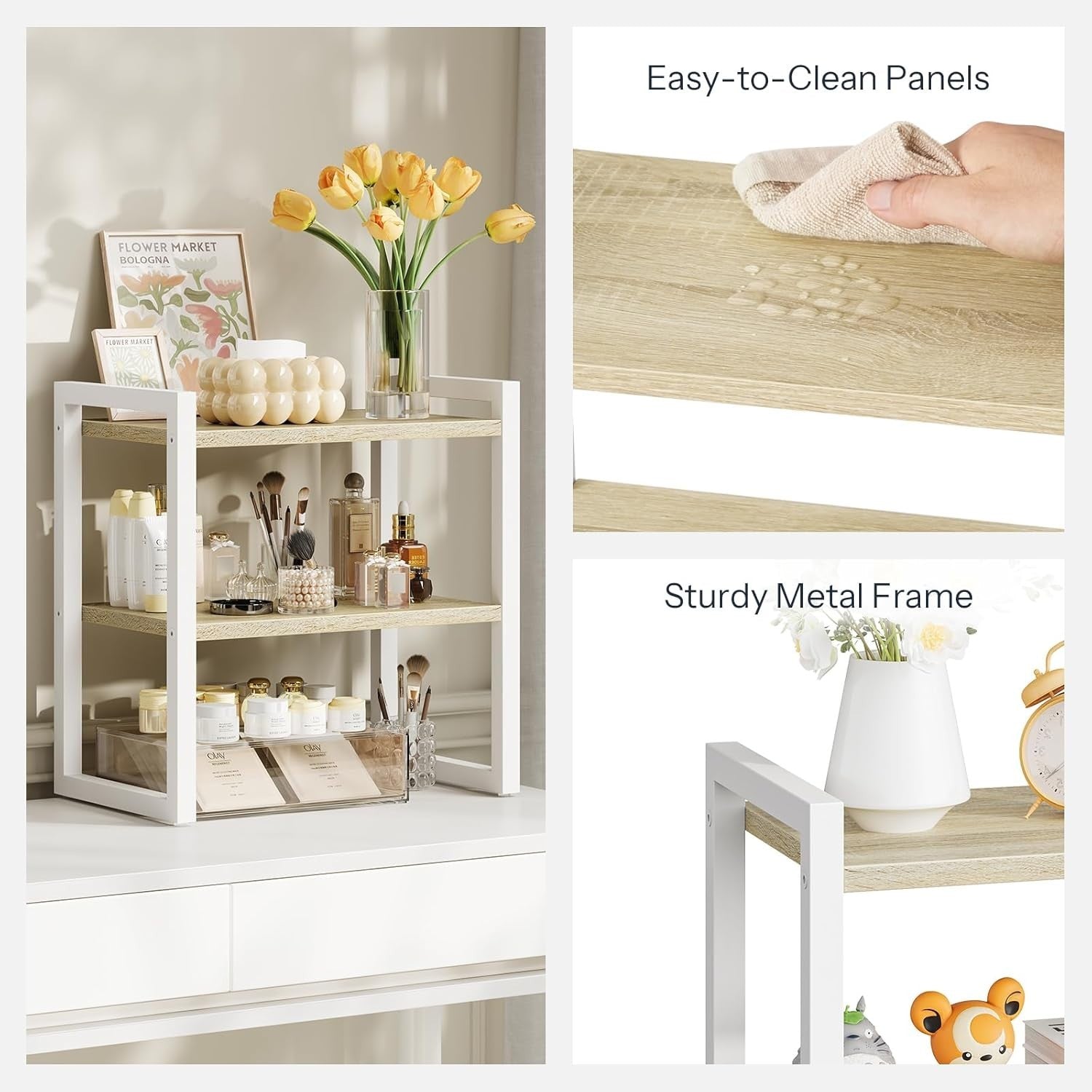 2-Tier White & Natural Desk Shelf Desktop Bookshelf Organizer for Office & Home