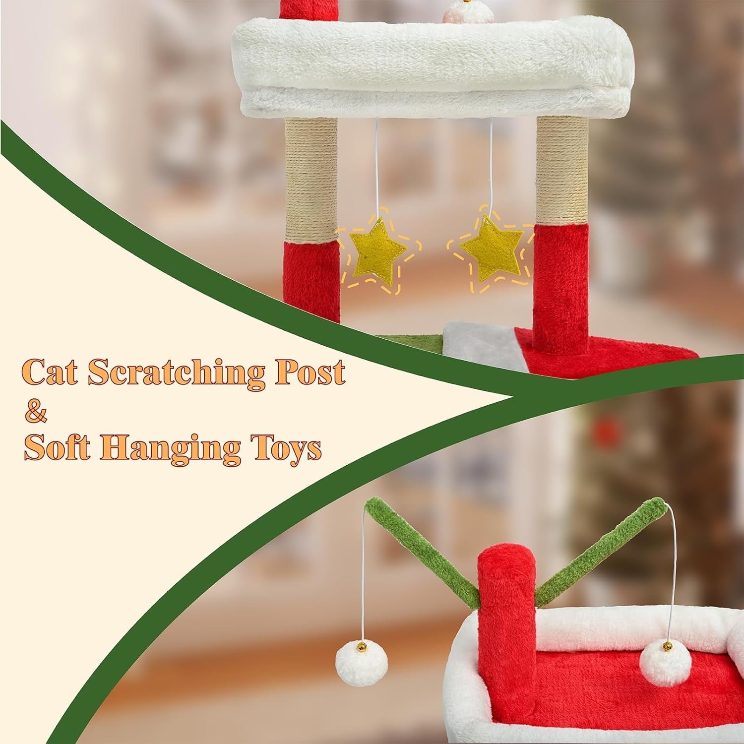 Christmas Cat Tree 79cm Festive Scratching Tower with Condo Toys Red Green