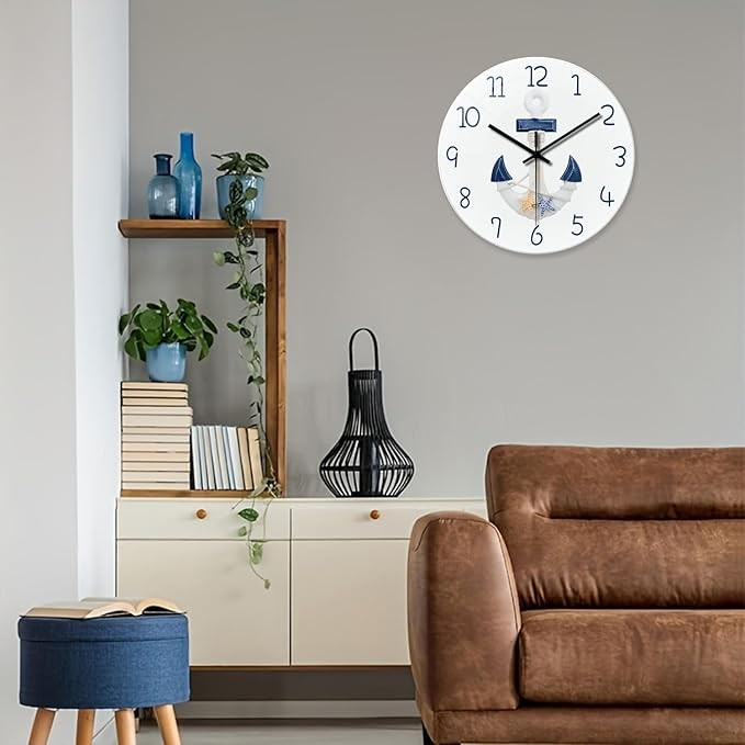 Large 16" Nautical Wall Clock Silent Anchor Design Coastal Home Decor