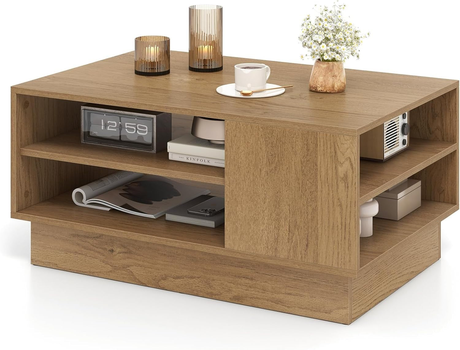 Modern Wooden Coffee Table with 2-Tier Storage & Recessed Base 86x56x41cm