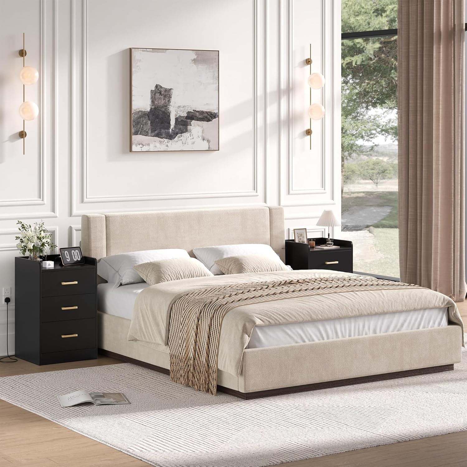Black Bedside Table with USB Charging Station 3 Drawers Modern Nightstand