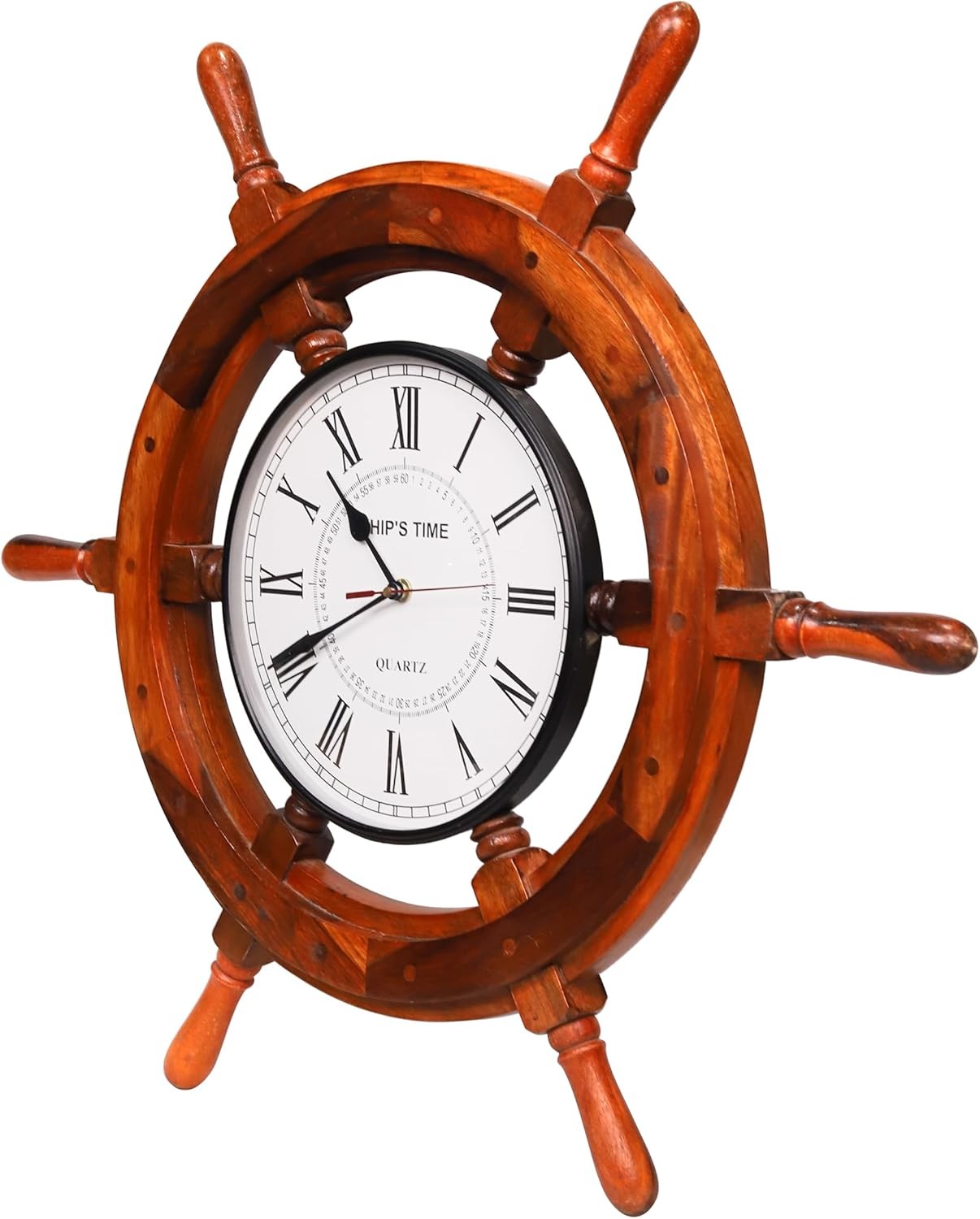 Nautical Wooden Ship Wheel Clock 24" Rustic Maritime Wall Decor Brass Center