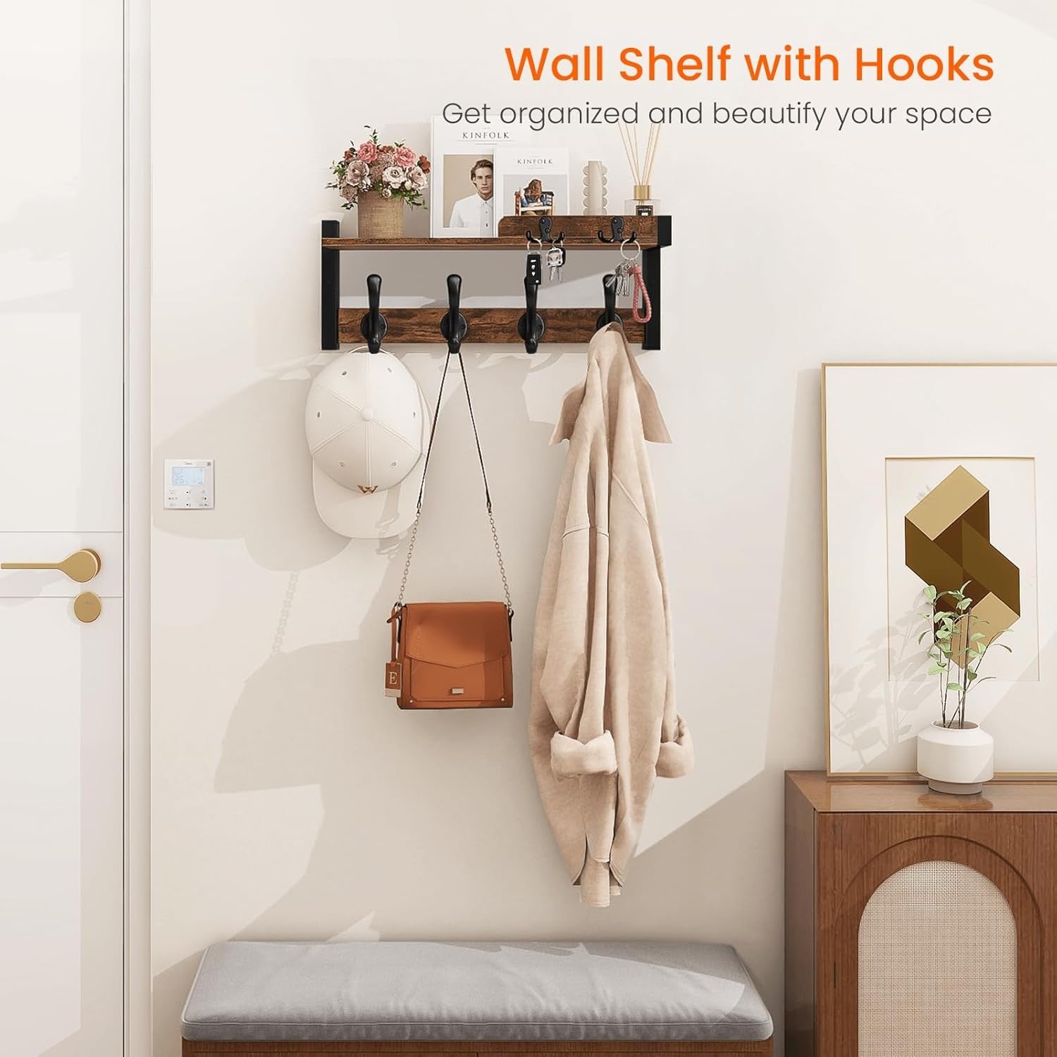 Rustic Wall Coat Rack with Shelf & Key Holder Wood Floating Entryway Organizer