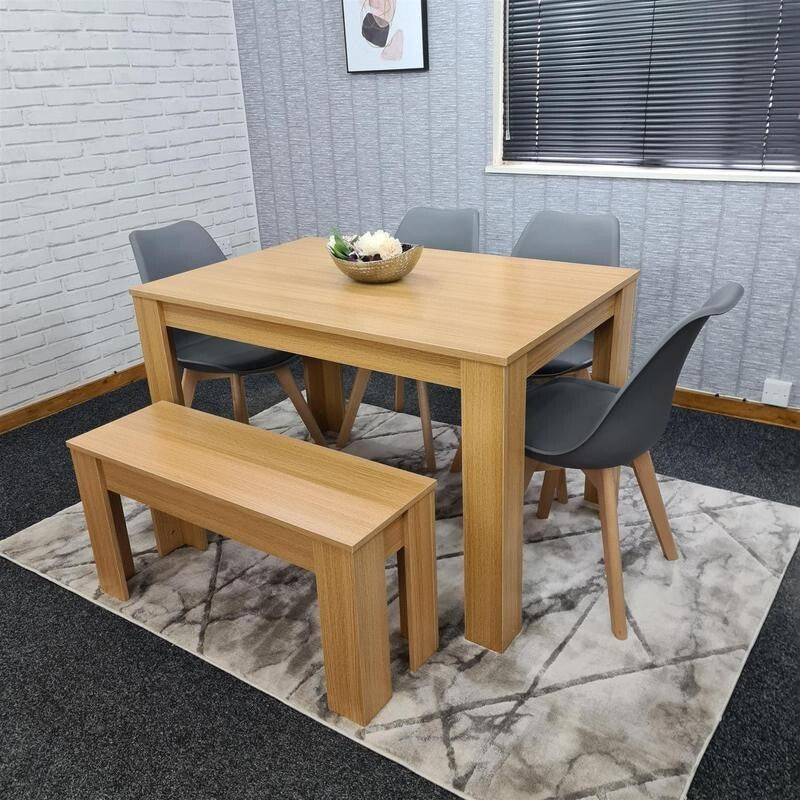Oak Effect Dining Table Set with 4 Grey Chairs & Bench, 6 Seater Kitchen