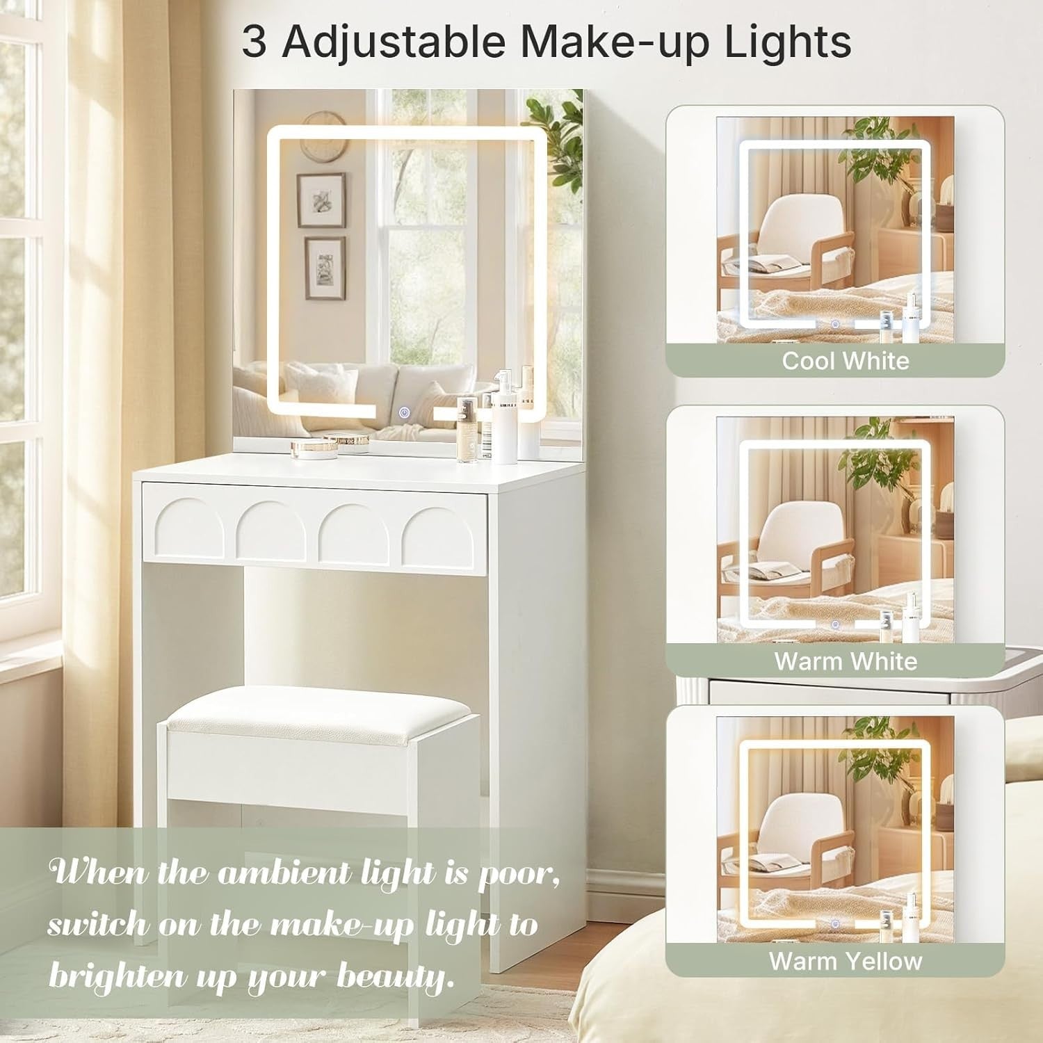 Modern Dressing Table Vanity Set Touch Screen LED Mirror Makeup Desk White