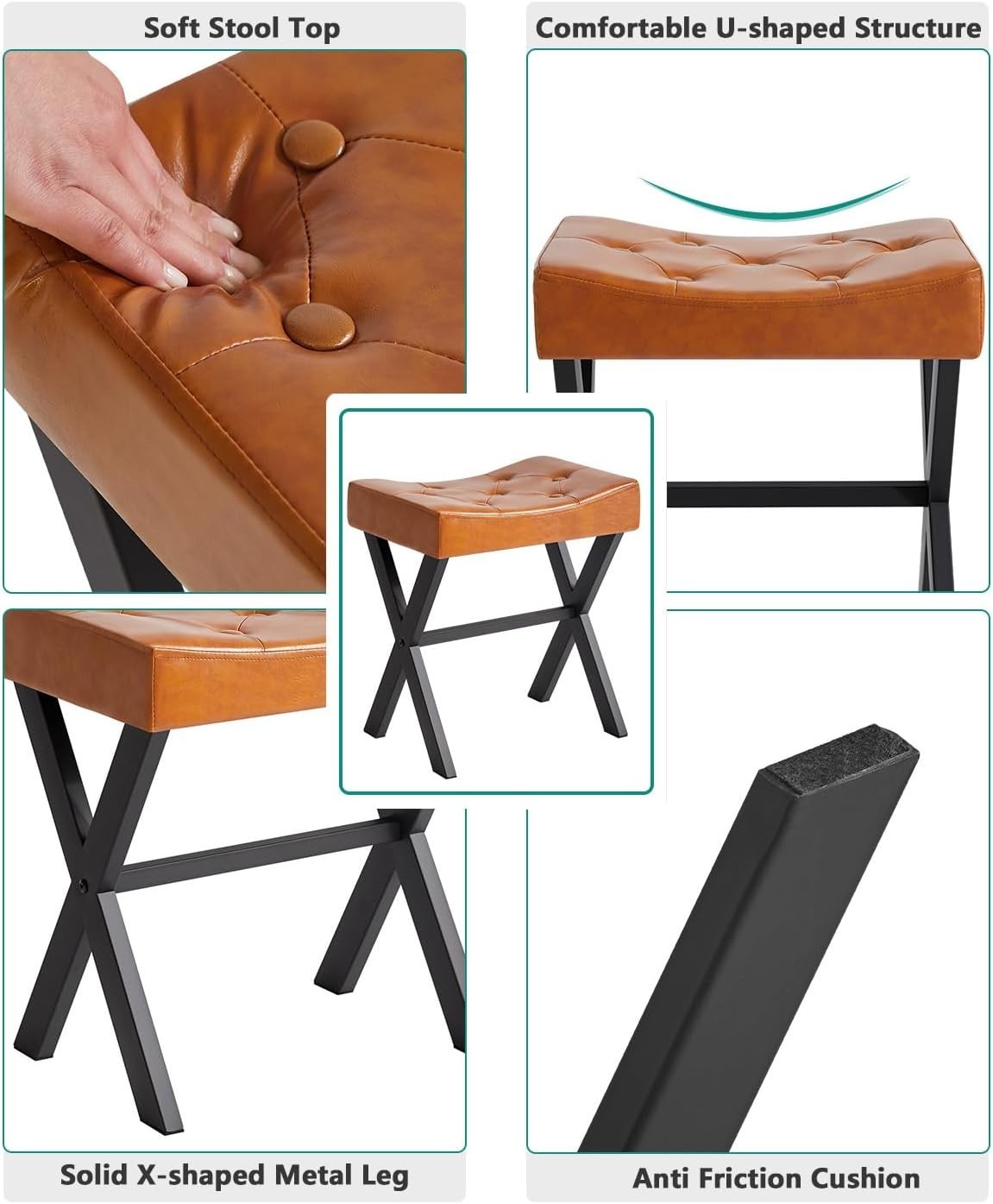 PU U-Shaped Vanity Stool with X-Leg – Square Makeup Footrest, Light Brown