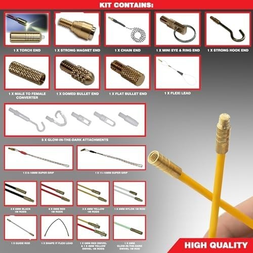 16M Cable Access Rod Kit 17pc Electrical Fish Tape Rods Attachments Tools Set