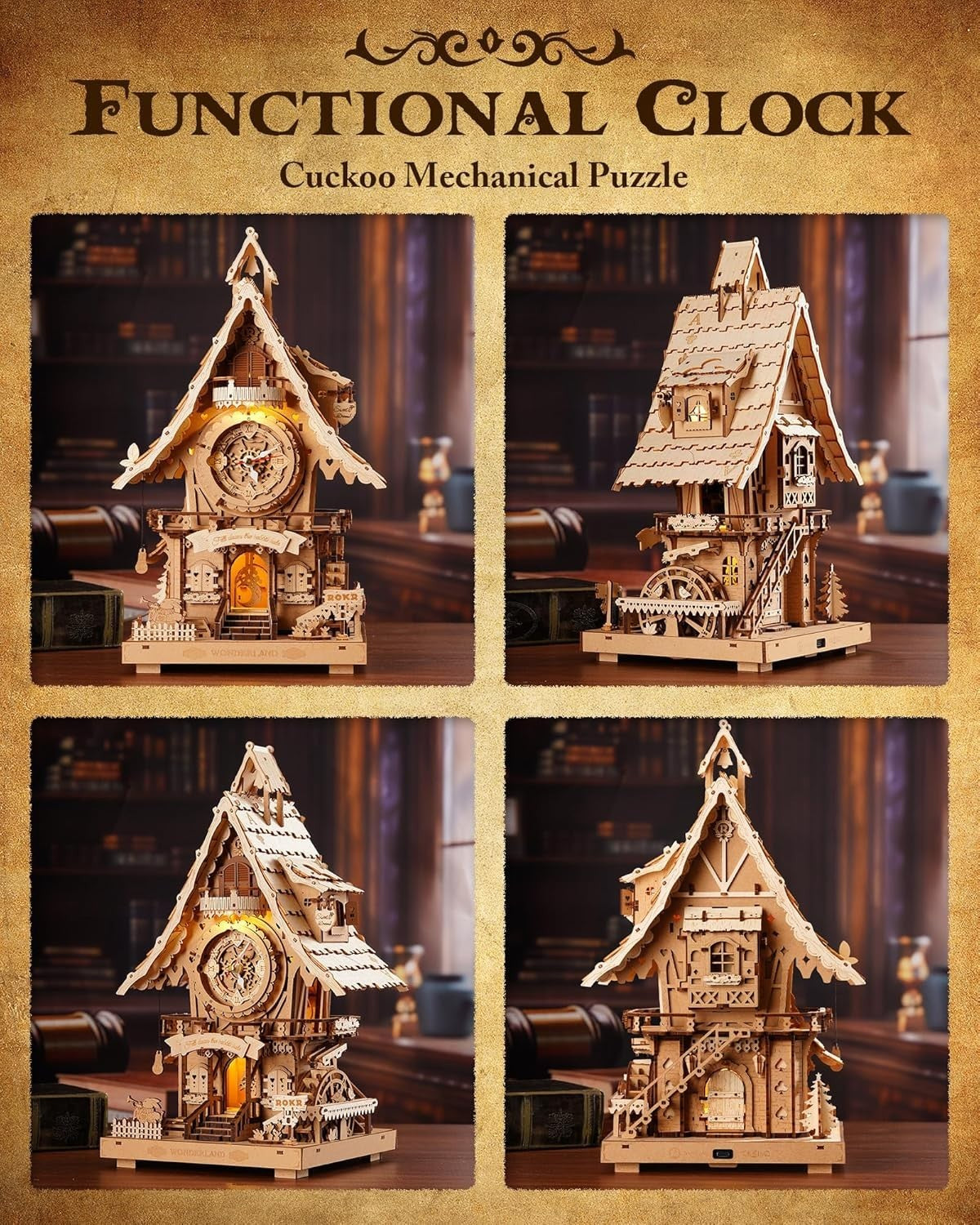 3D Wooden Cuckoo Clock Puzzle DIY Mechanical Model Kit LED Decor Gift
