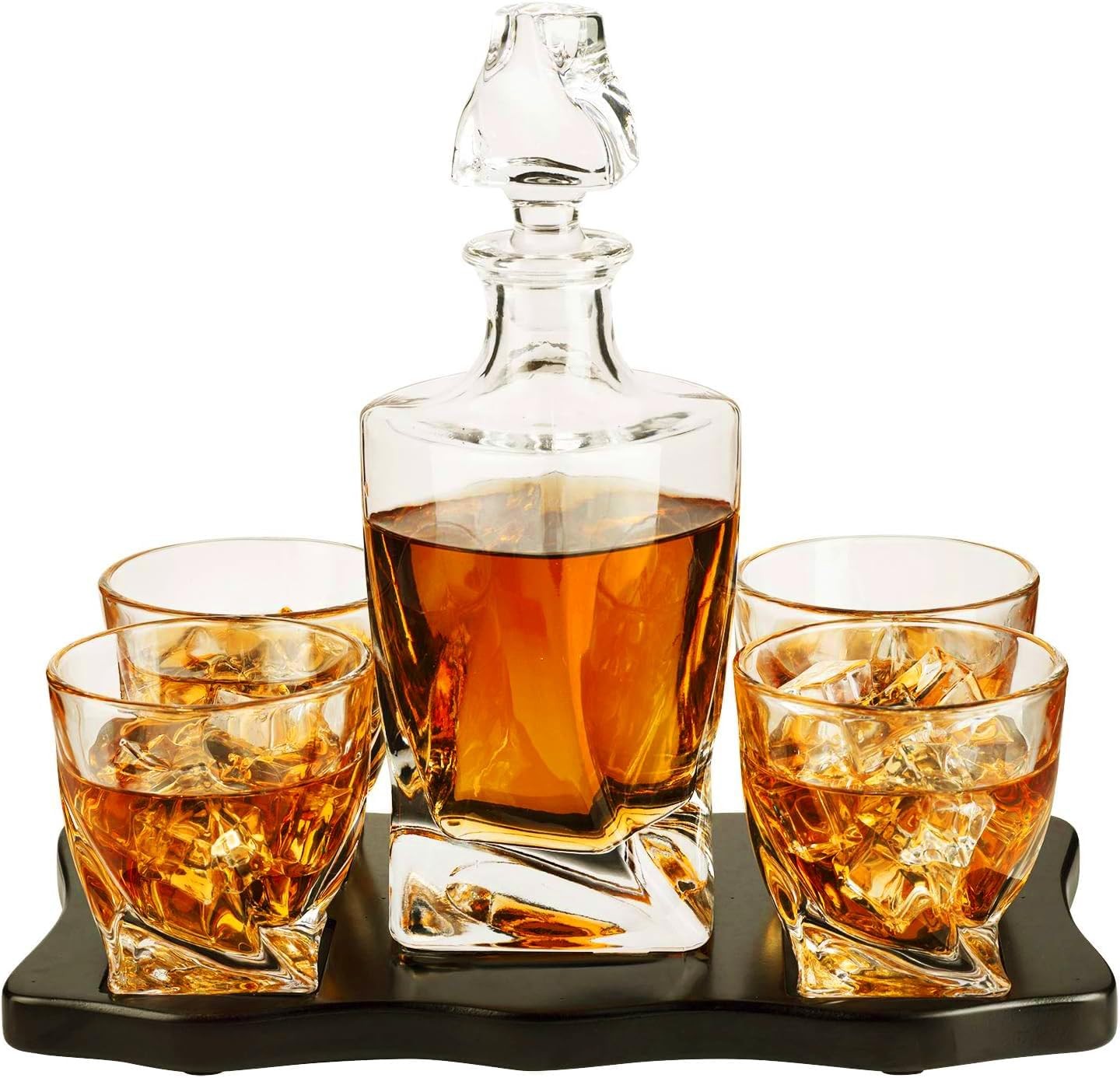 Luxury Crystal Whiskey Decanter Set 855ml with 4 Glasses & Wood Tray Gift