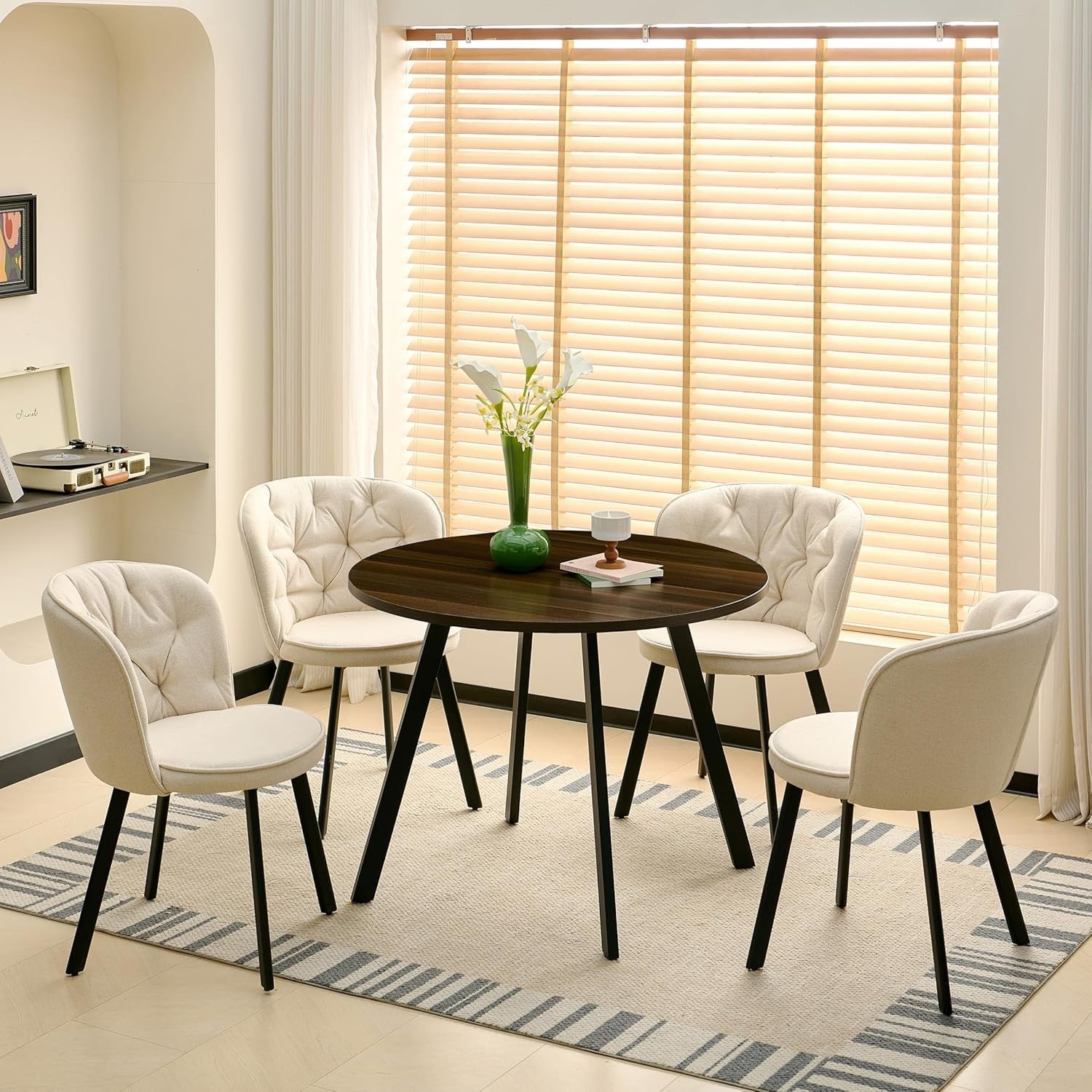 Round Dining Table & 4 Beige Chairs Set | Wooden Marble Top | Linen Upholstery