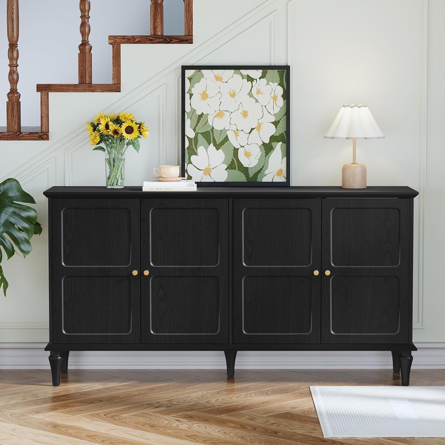 Mid-Century Black Sideboard with Wine Glass Rack, 4 Doors, Large Storage
