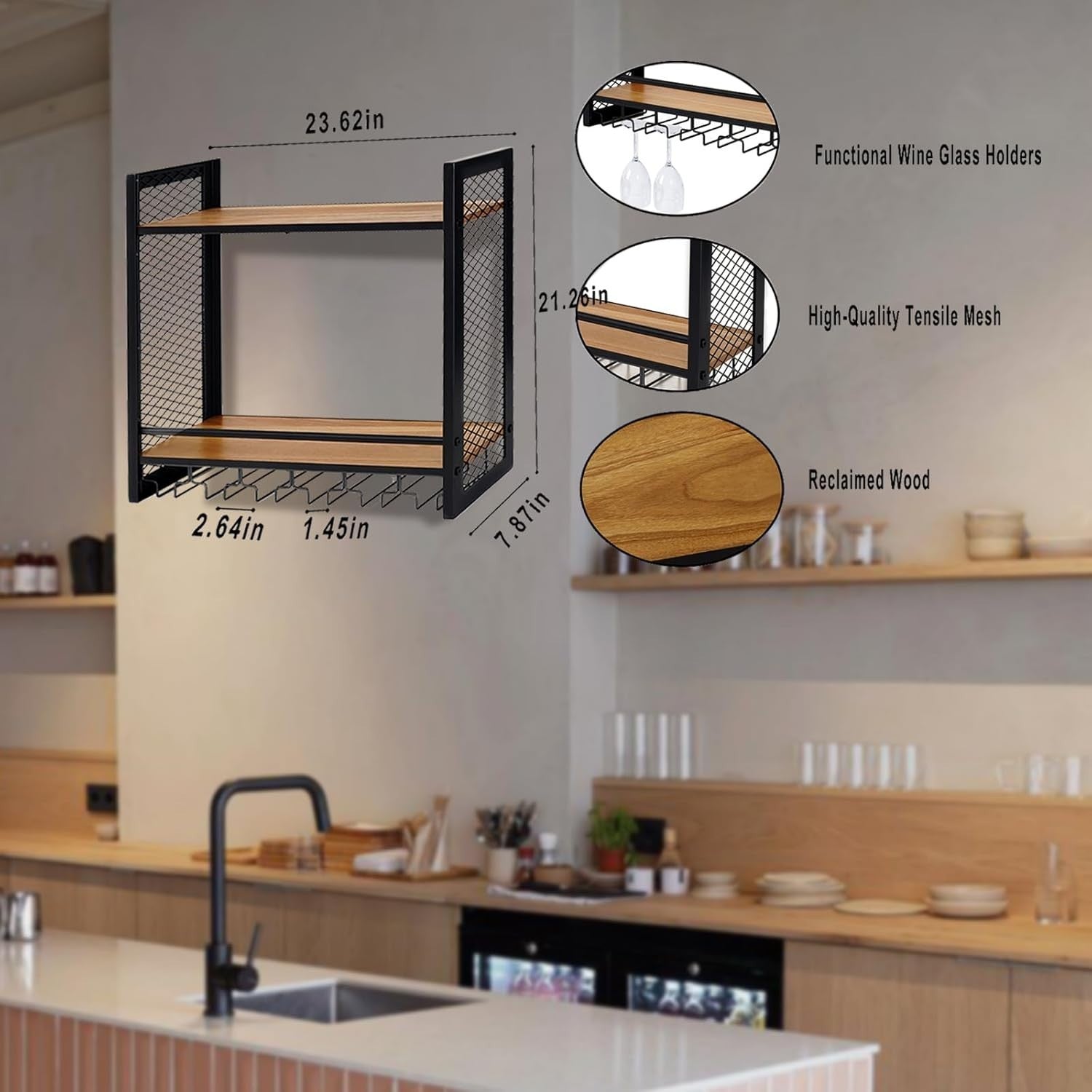 Wall Mounted Wine Rack 2 Tier Metal Wine Shelf with Glass Holder Black