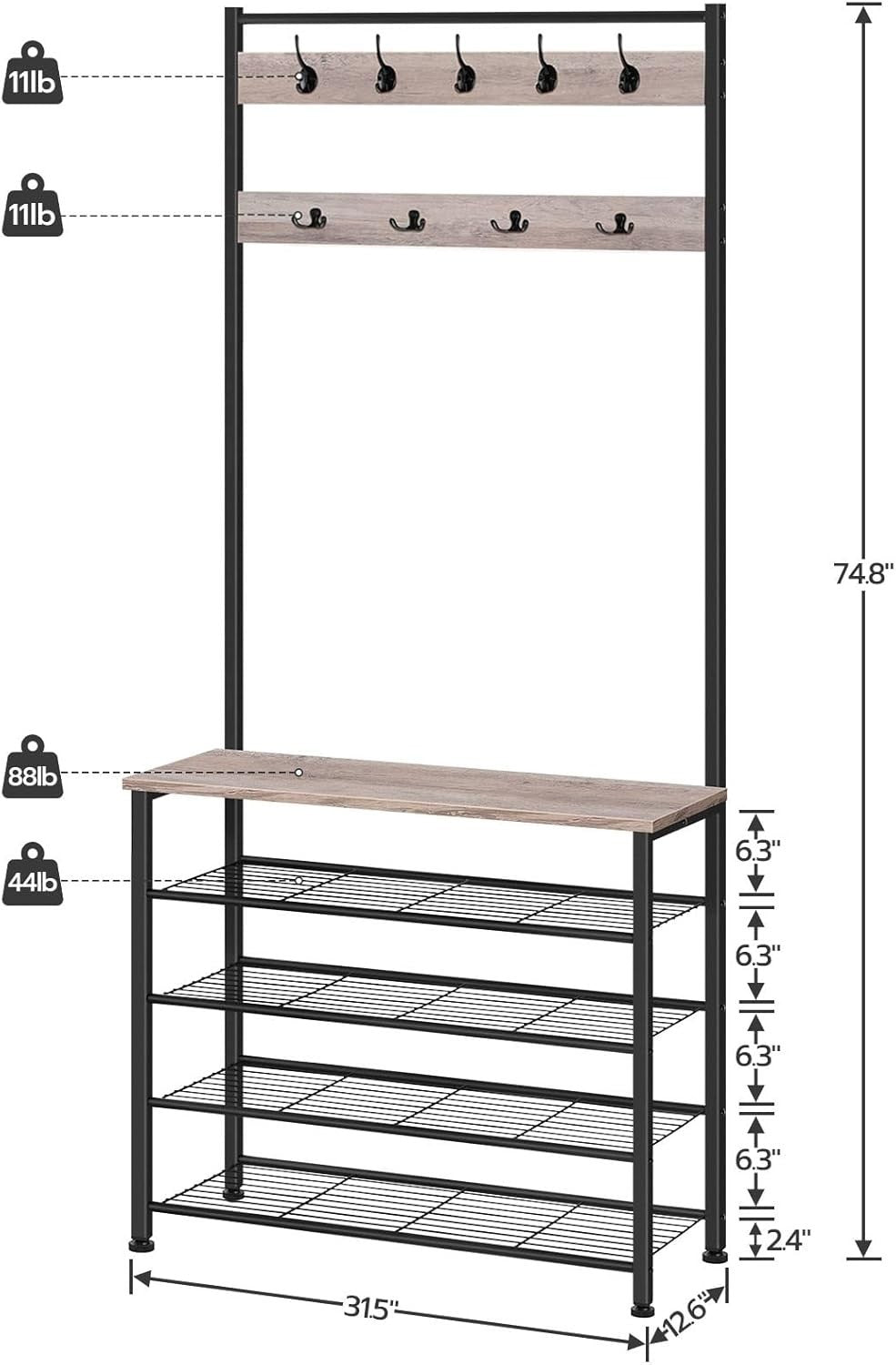 Freestanding Coat Rack with Shoe Storage – 9 Hooks Hall Tree 190cm