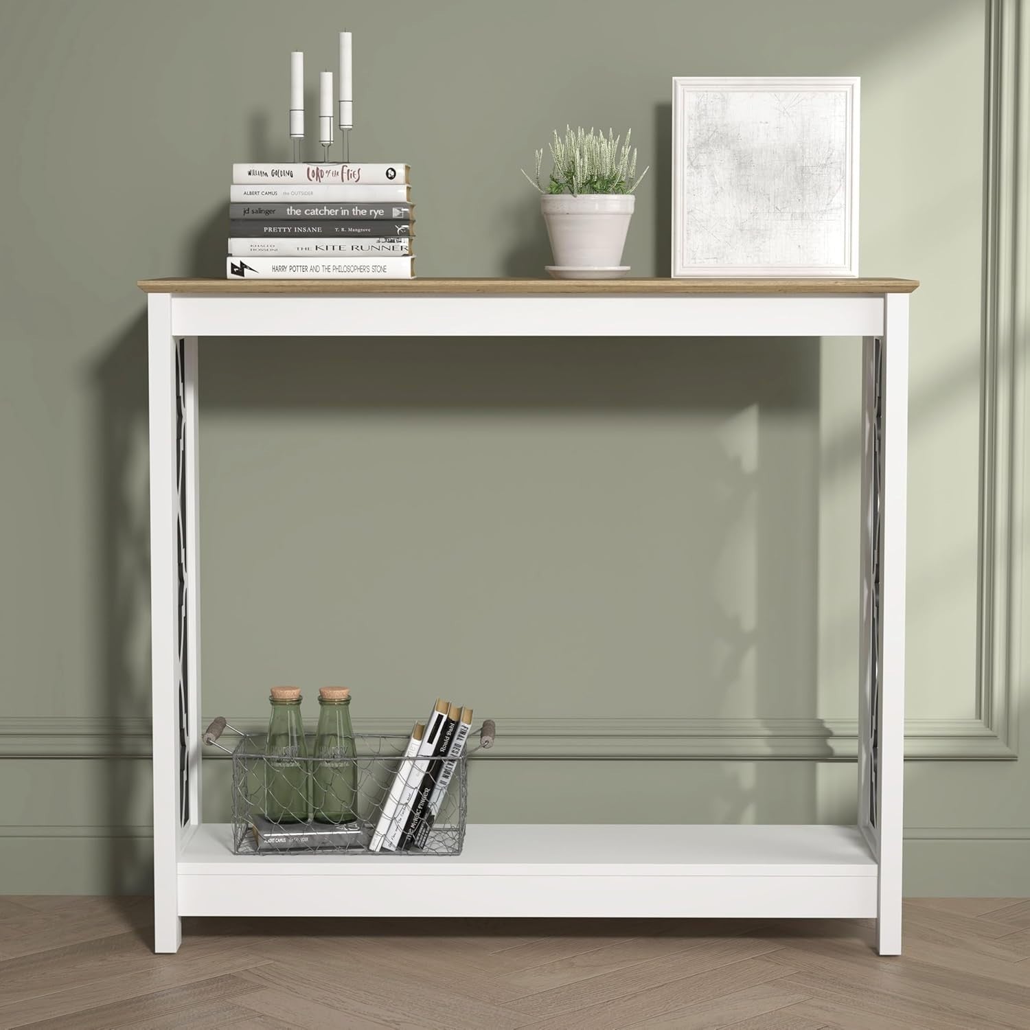 Console Table White Oak Modern Hallway Shelf Unit Slim Storage 90cm