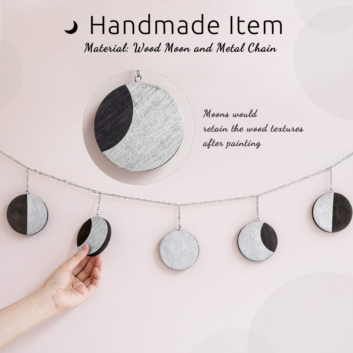Moon Phase Garland Silver Boho Wall Hanging Decor 54"