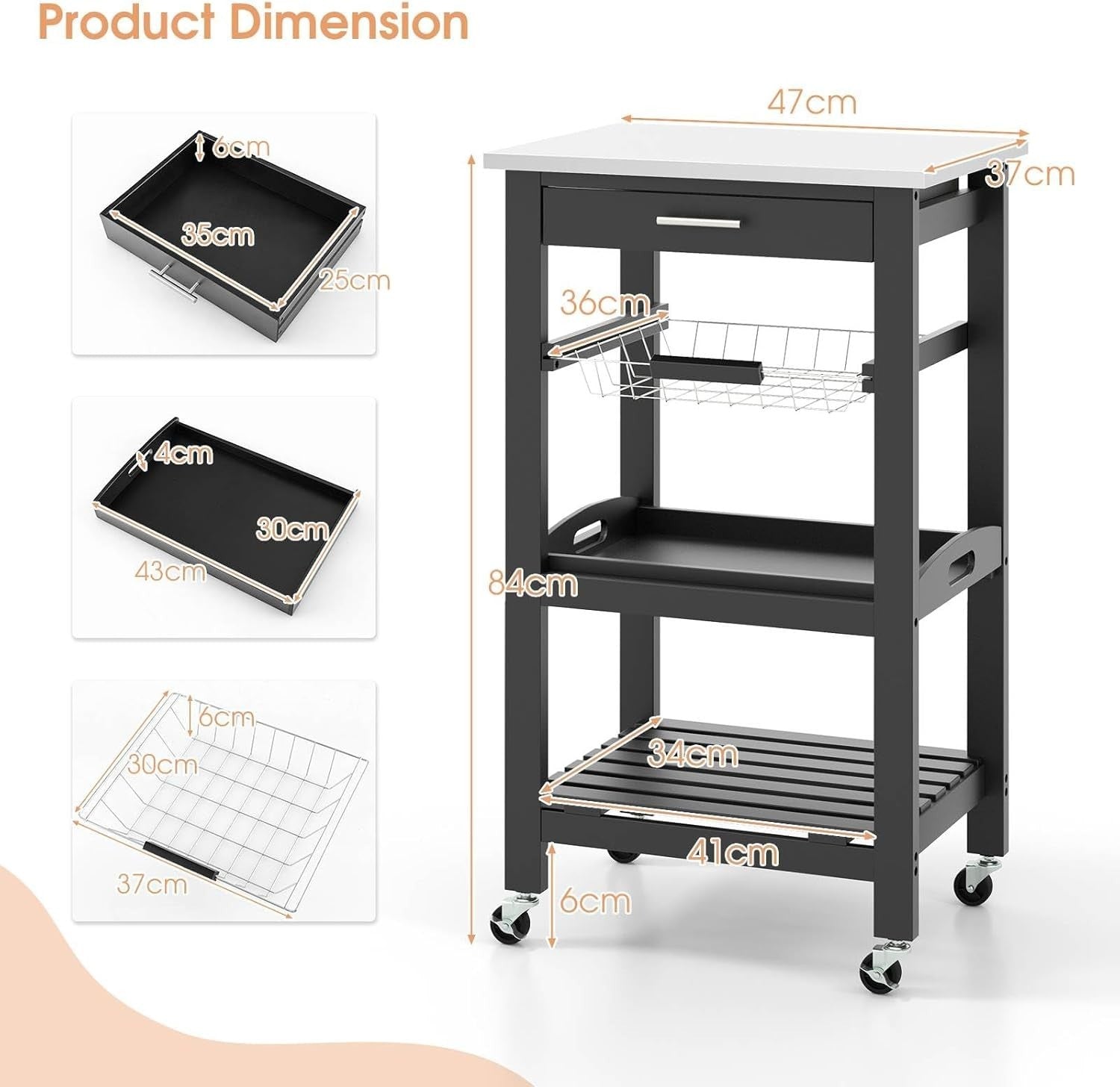 Black Kitchen Trolley on Wheels w/ Stainless Steel Top