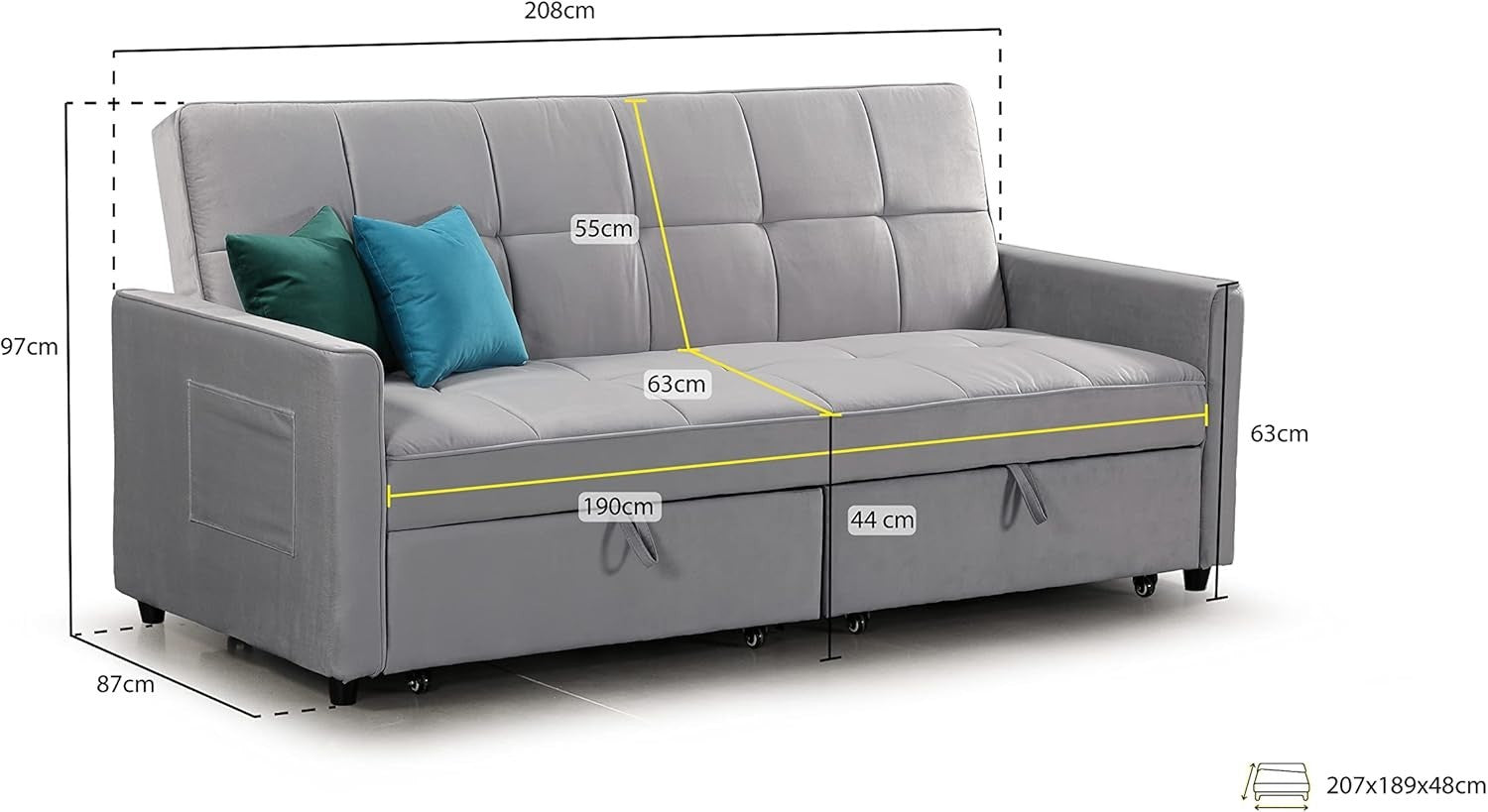 Blue Velvet Sofa Bed 3 Seater Pull Out Guest Bed Storage Cushions
