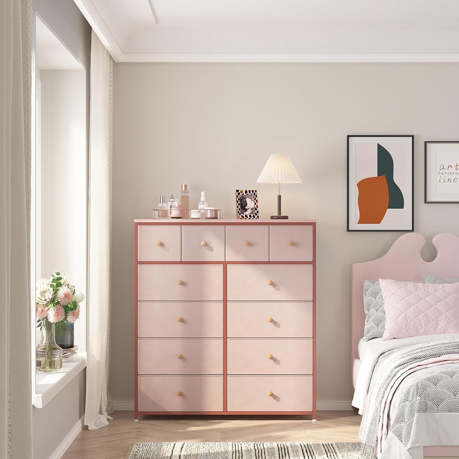 Pink 12 Drawer Tall Chest of Drawers Storage Unit for Bedroom Nursery