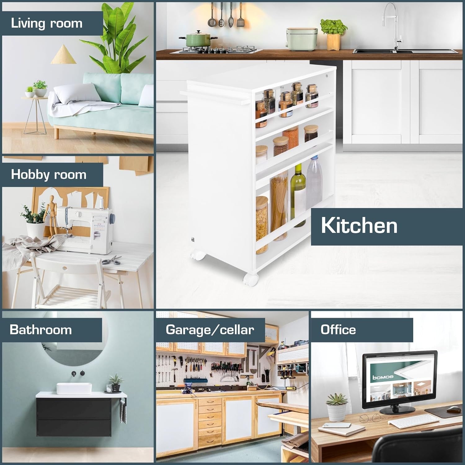 Kitchen Cart Trolley on Wheels 3 Tier Adjustable Shelves Wooden Worktop White