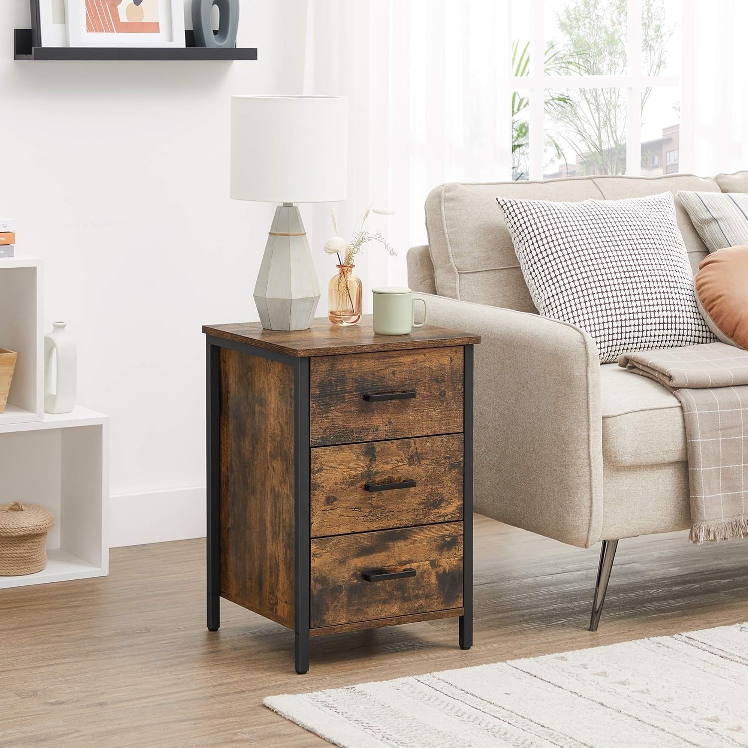 Rustic Industrial Bedside Table with 3 Drawers – Brown & Black Wood Nightstand