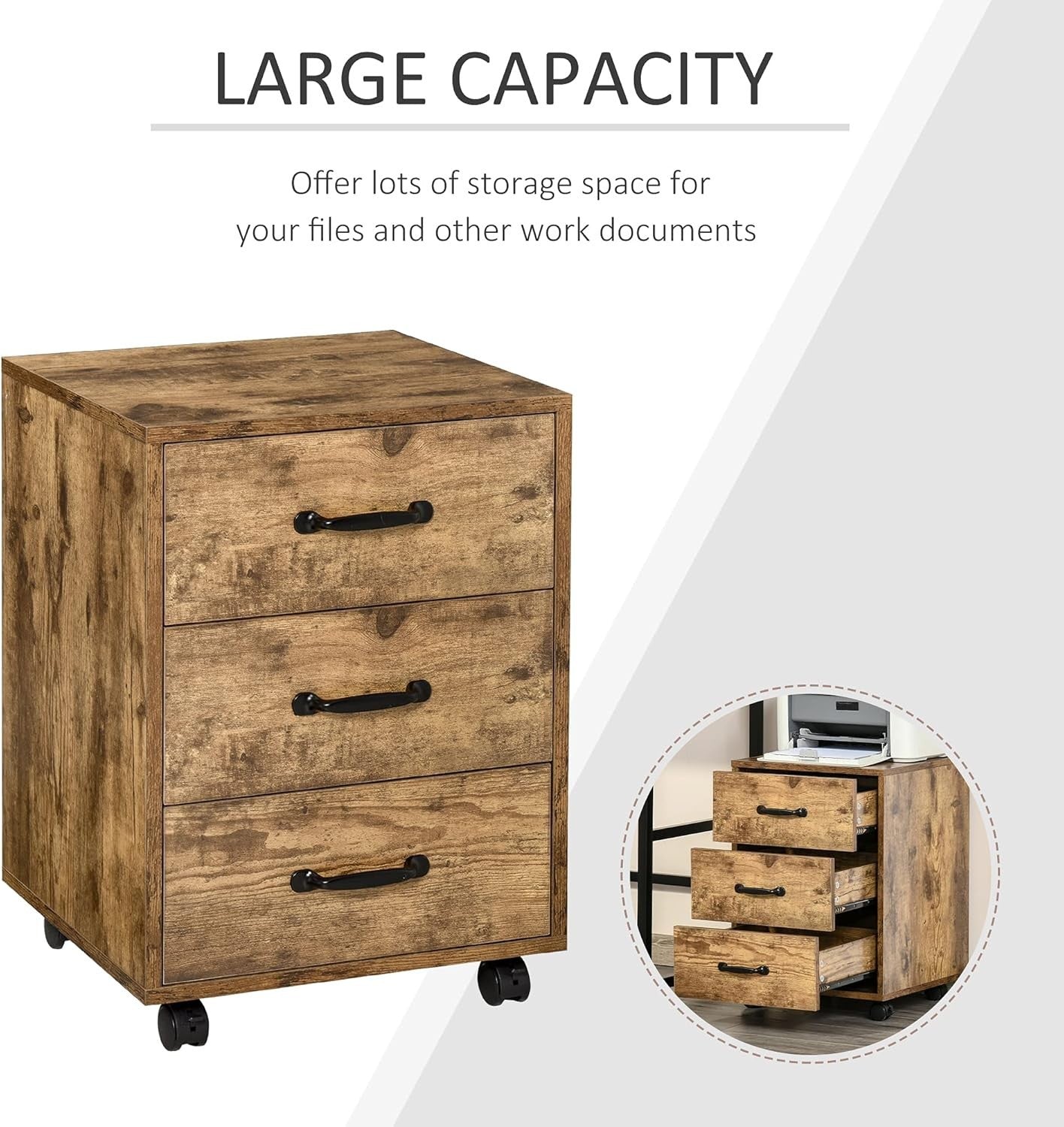 Rustic Brown Rolling File Cabinet 3 Drawer Under Desk Printer Storage