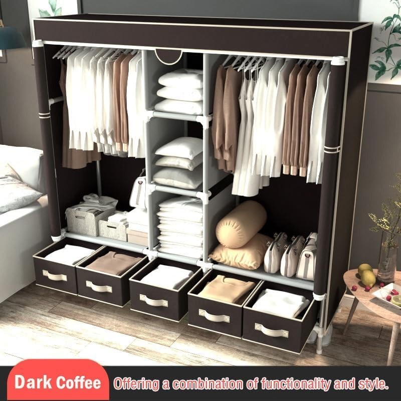 Large Canvas Wardrobe Storage Unit 5 Drawers Hanging Rail Shelves 175cm