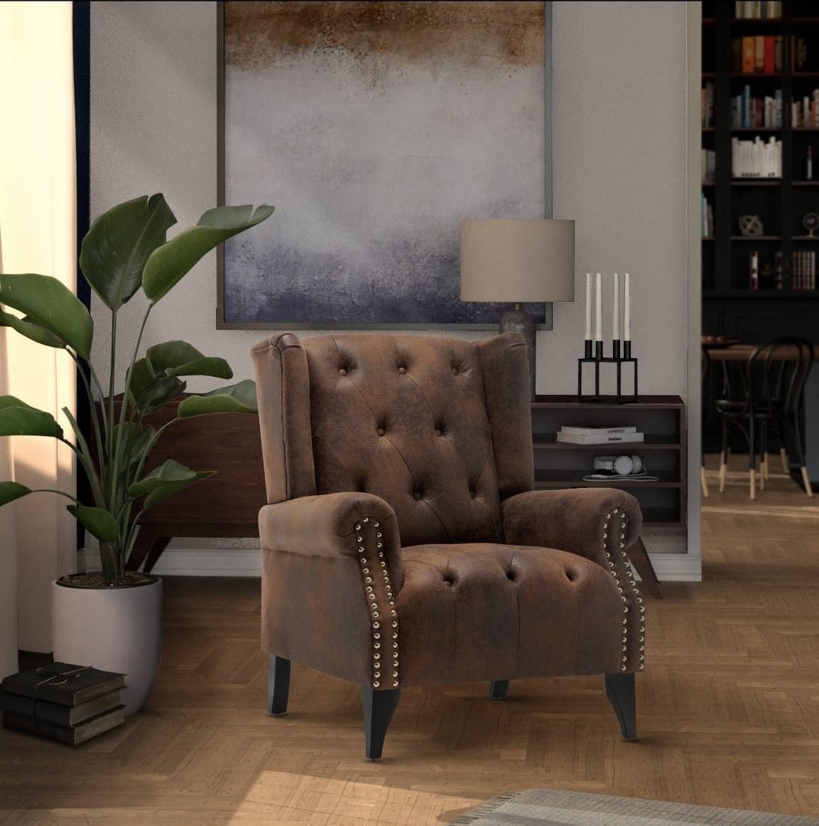 Brown Faux Leather Wingback Armchair Chesterfield Fireside Chair