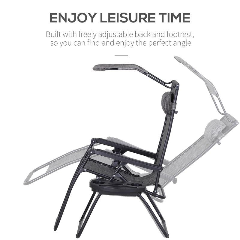 Zero Gravity Recliner Folding Garden Chair w/ Shade Cup Holder Grey