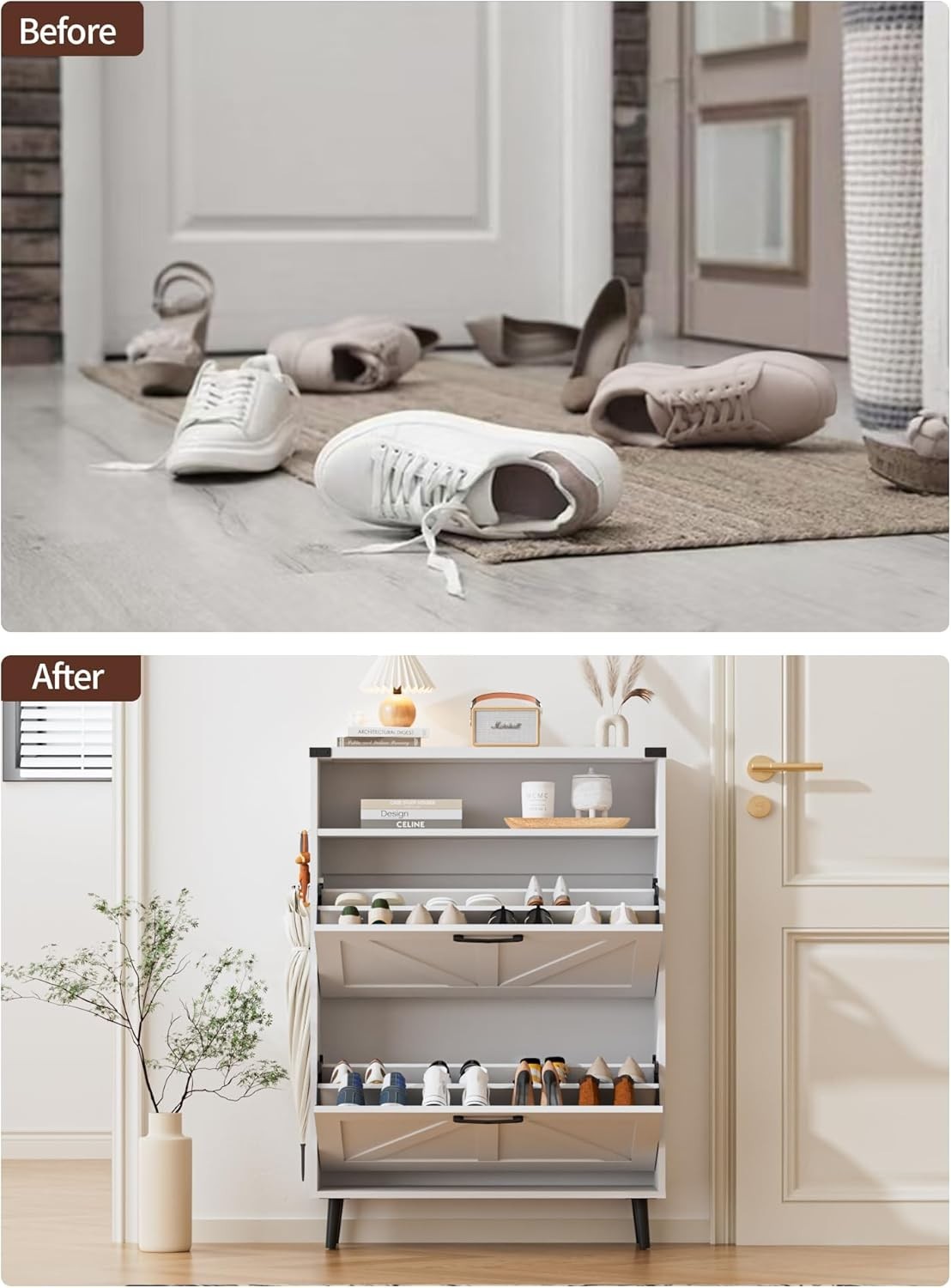 Slim White Shoe Cabinet with 2 Flip Drawers & Adjustable Shelves, Narrow Hallway
