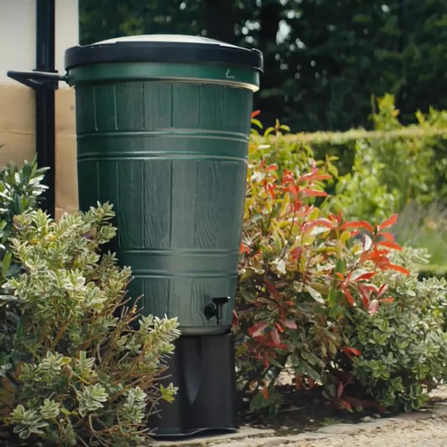200L Garden Water Butt Wood Effect Barrel With Stand & Diverter Kit Green