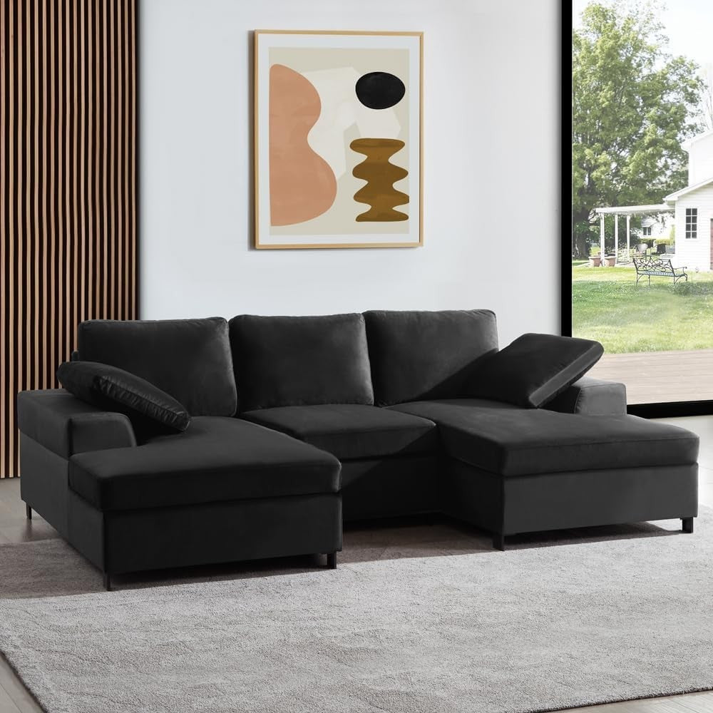Black Velvet U-Shaped 5 Seater Sofa with Chaise & Storage Footstool Option