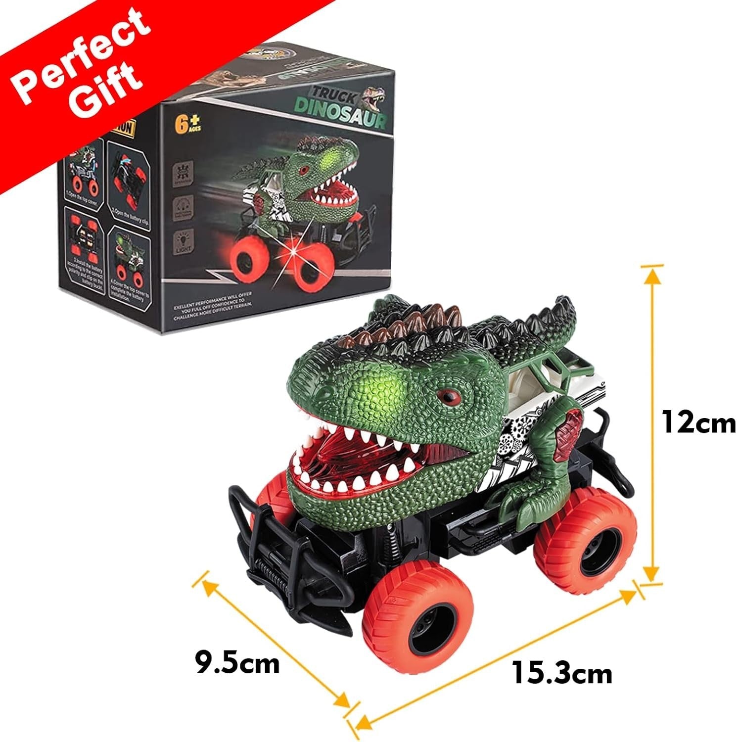 Dinosaur Remote Control Car for Kids 3–8, LED Light Monster Truck Toy