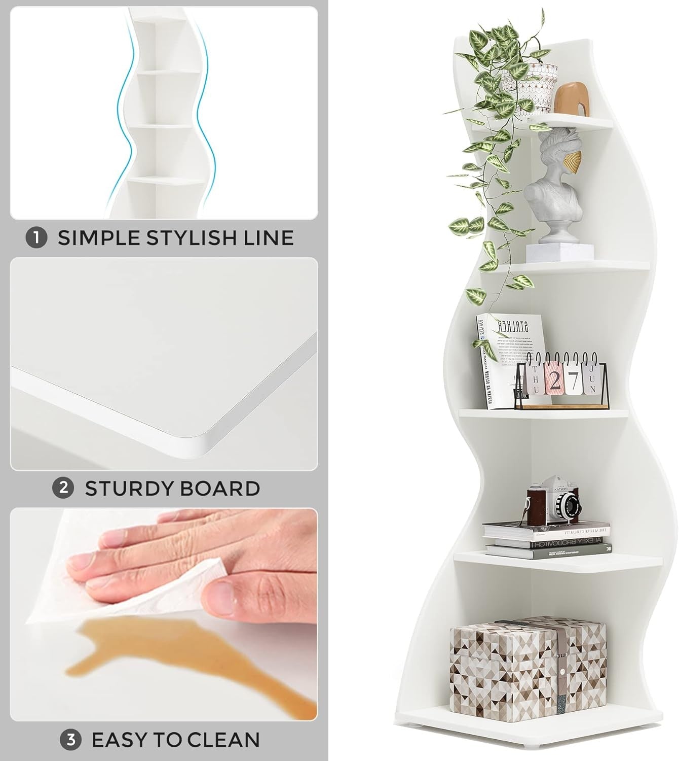 Modern 5-Tier Corner Bookshelf Wave Design Wall Storage Rack for Living Room