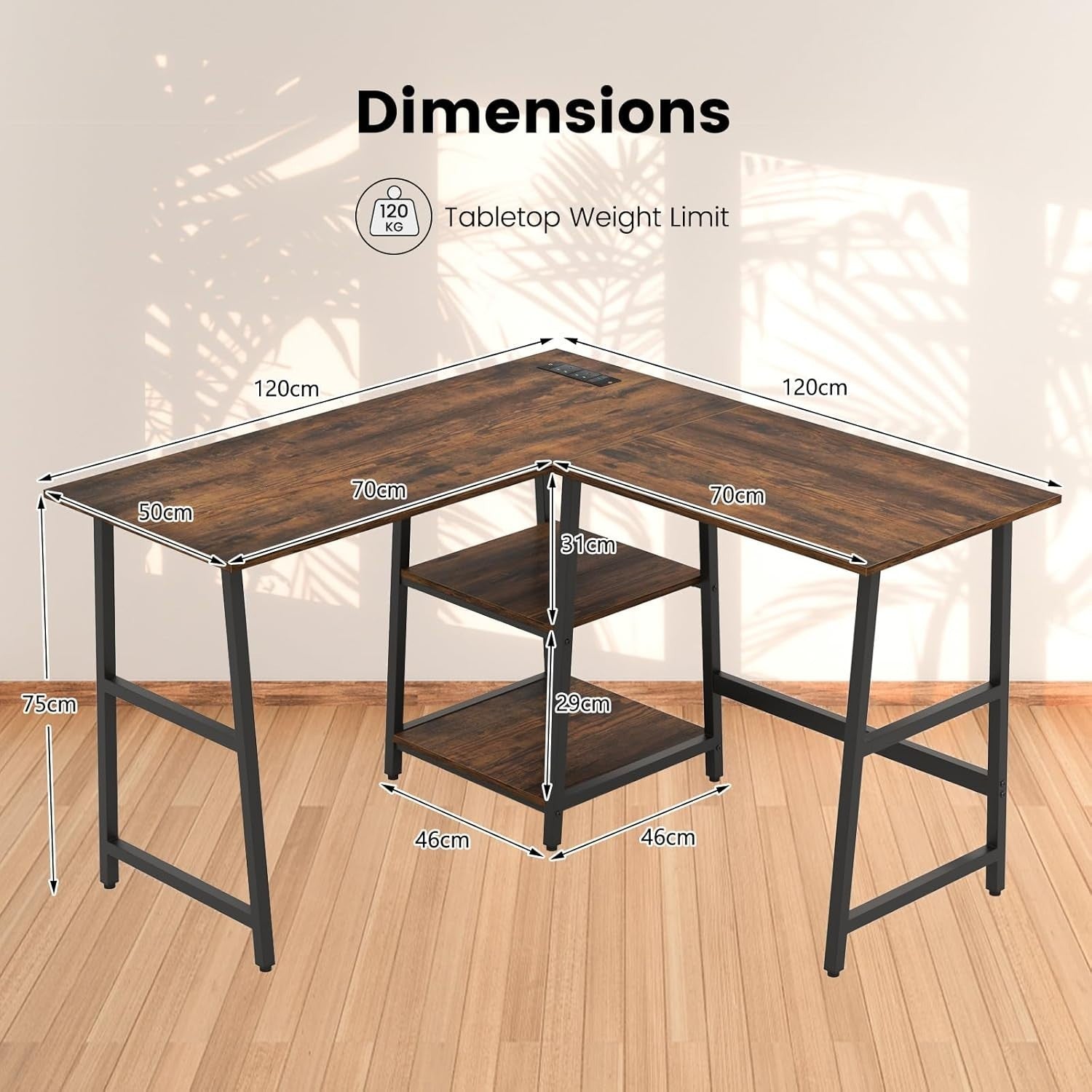 Rustic Brown L-Shaped Computer Desk 120cm Corner Workstation with Shelves